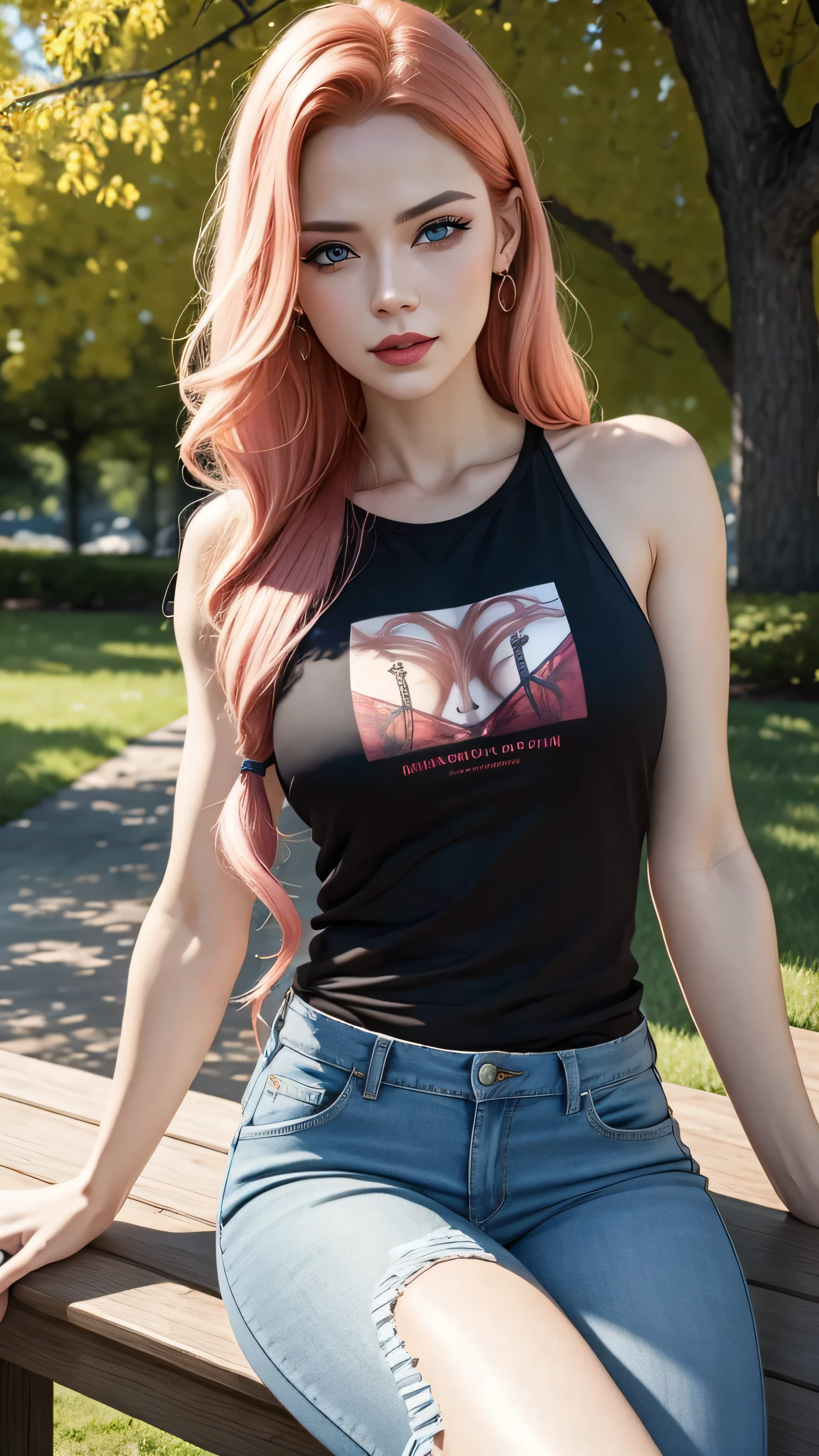 ((best quality: 1.5)) ((masterpiece: 0.8)), intricate details, sharp focus, professional, real life, realistic representation of the face, dynamic pose, in the style of realistic and hyper detailed renderings BREAK ((detailed 30year woman, rear view, ((shiny red lips, park, trees, bench, (pink cutoff t-shirt, blue eyes, denim jeans, goth blackout eyeshadow, albino skin, tattoo: 0.7 [dark hair:ginger hair:0.3], long wavy hair, [flat chest:medium breasts:0.8]), smirking)), abdominal muscles), freckles: 0.6), photorealistic, hyper-realistic, 8K