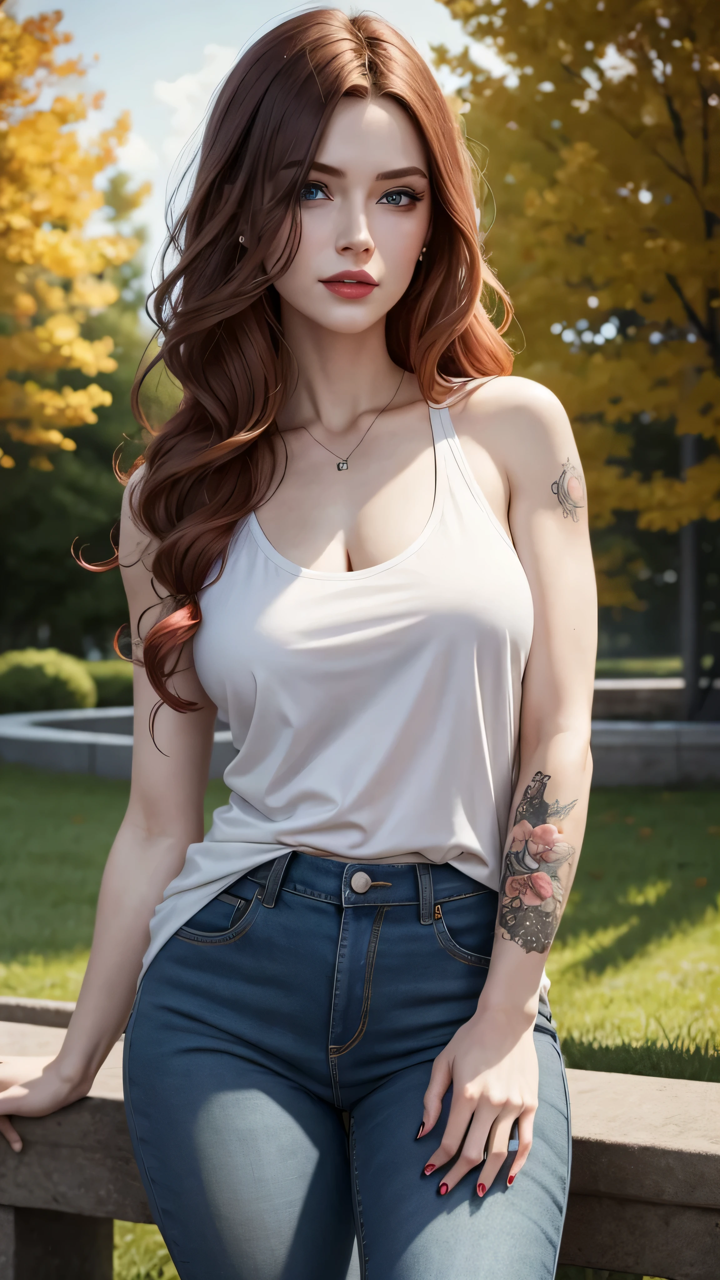 ((best quality: 1.5)) ((masterpiece: 0.8)), intricate details, sharp focus, professional, real life, realistic representation of the face, dynamic pose, in the style of realistic and hyper detailed renderings BREAK ((detailed 30year woman, rear view, ((shiny red lips, park, trees, bench, (pink cutoff t-shirt, blue eyes, denim jeans, goth blackout eyeshadow, albino skin, tattoo: 0.7 [dark hair:ginger hair:0.3], long wavy hair, [flat chest:medium breasts:0.8]), smirking)), abdominal muscles), freckles: 0.6), photorealistic, hyper-realistic, 8K