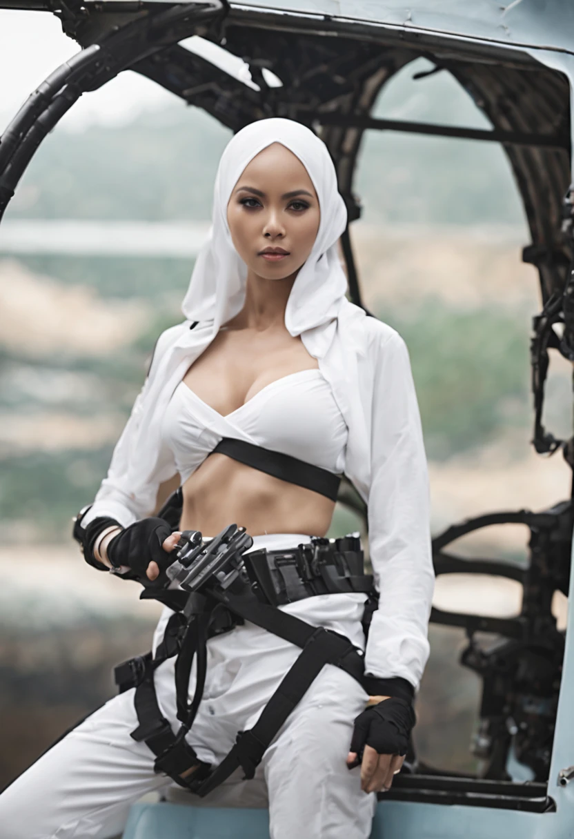 A malaysian woman (age 35, hourglass figure, pale blue eyes and makeup, no hair showing white hijab, sexy white ninja outfit), several sheathed weapons, hanging onto a helicopter