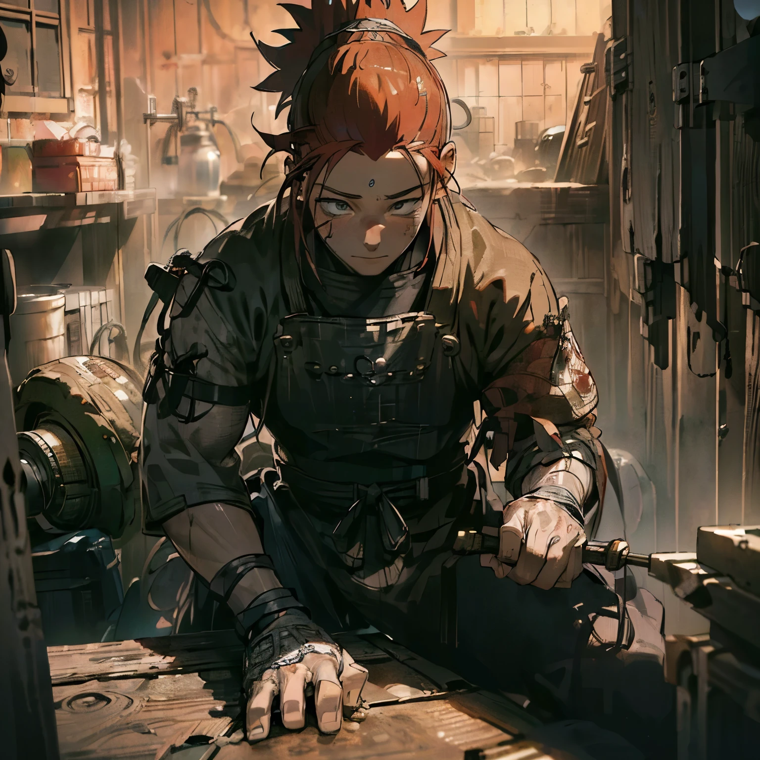 solo, ((masterpiece)),((high resolution)),((best quality)), (realistic skin), (insanely detailed anime eyeale, (muscular), front view, looking at customer, (face focus), Uzumaki, Naruto, bright red hair, movie lighting, perfect shadow, realistic lighting shaded, medieval fantasy blacksmith scenery, forge