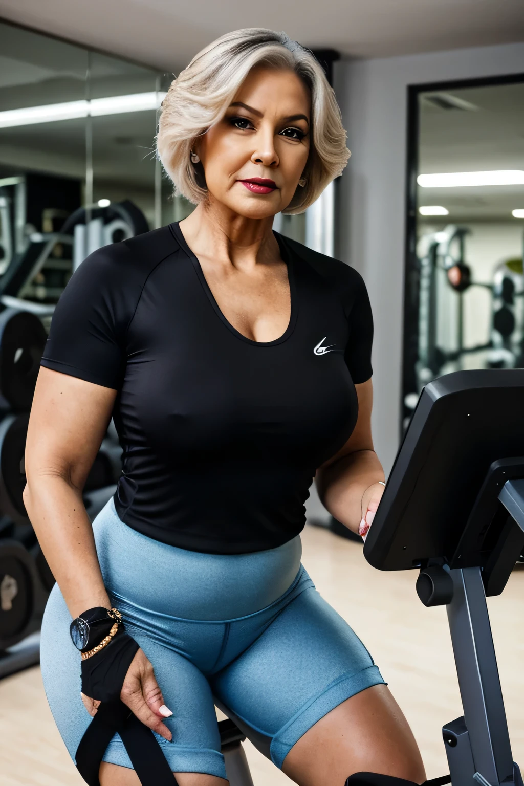 gordo, uma linda mulher de 70 anoaduro), ((wearing a cute gym outfit)), Shorts de lycra, Realista, Gordinho, rosto liso, Olhos perfeitos, symmetrical, 8K high definition, incrivelmente detalhado, intricado, elegante, arte de David Kostic e Stanley Lau e Artgerm, pele perfeita, lindo atemporal, gordo, maduro, (Seios enormes:0.8), cabelo grisalho, pulseiras, batom, (malhando na academia), (linda coxa), on an exercise bike