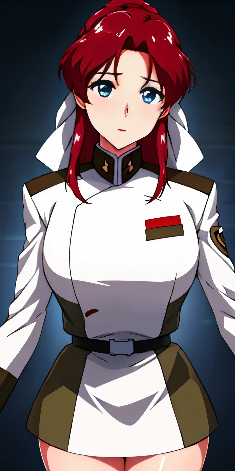 army uniform, army,white jacket, white uniform,skirt,ミニskirt,
white_have,
前hair,red_hair, length_hair,blue eyes,a White bow in her hair,
1 girl, 20 years,young woman,beautiful Finger,beautiful length legs,beautiful body,beautiful Nose,beautiful character design, perfect eyes, perfect face,expressive eyes, looking at the viewer, in the center of the image,(light_笑face:0.5), official art,Highly detailed CG Unity 8k wallpaper, perfect lighting,colorful, bright_front_face_lit,shiny skin, (masterpiece:1.0),(Highest_quality:1.0), 超High resolution,4k,super detailed, photograph, 8k, HDR, High resolution, disorganized:1.2, kodak portrait 400, film grain, blurred background, Bokeh:1.2, Lens flare, (lively_color:1.2) (beautiful,big_chest:1.0), (beautiful_face:1.5),(narrow_waist)