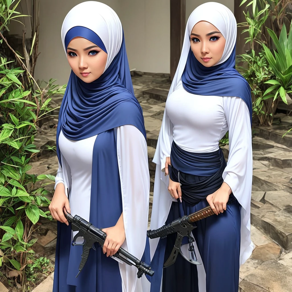A malaysian woman (age 35, hourglass figure, pale blue eyes and makeup, no hair showing white hijab, sexy white ninja outfit), several sheathed weapons, hanging onto a helicopter