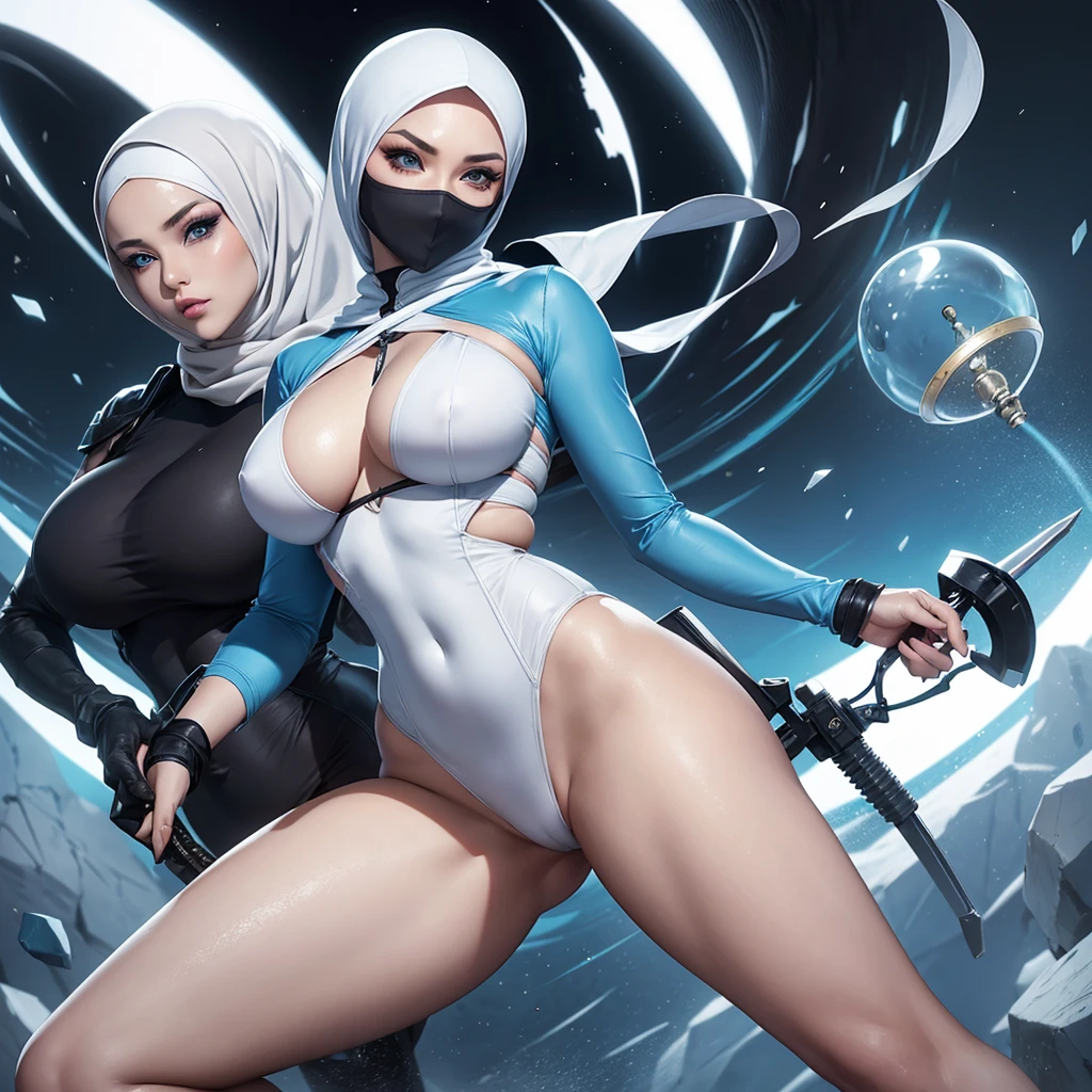 A malaysian woman (age 35, hourglass figure, pale blue eyes and makeup, no hair showing white hijab, sexy white ninja outfit), several sheathed weapons, hanging onto a helicopter