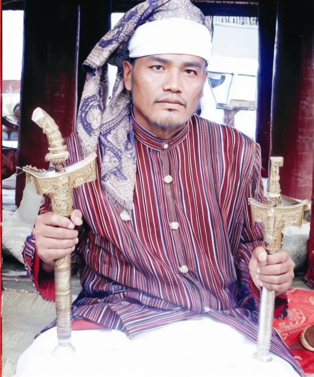 An rural prince, a masterpiece, top quality, best quality, official art, Gallant and majestic, realistic, Blurred background, Torajanese face, mtu, Upper body effect, Long beard, age 40 years old, wearing a headdressed typical of Toraja, Standing, holding a mushab, wearing a gold robe, XIV century Toraja nobleman, Long beard, Look directly into the lens, Cross-legged meditation, in the center, Very bright colors, Light particles, with shining light, Mshiv, wallpaper art, UHD wallpaper