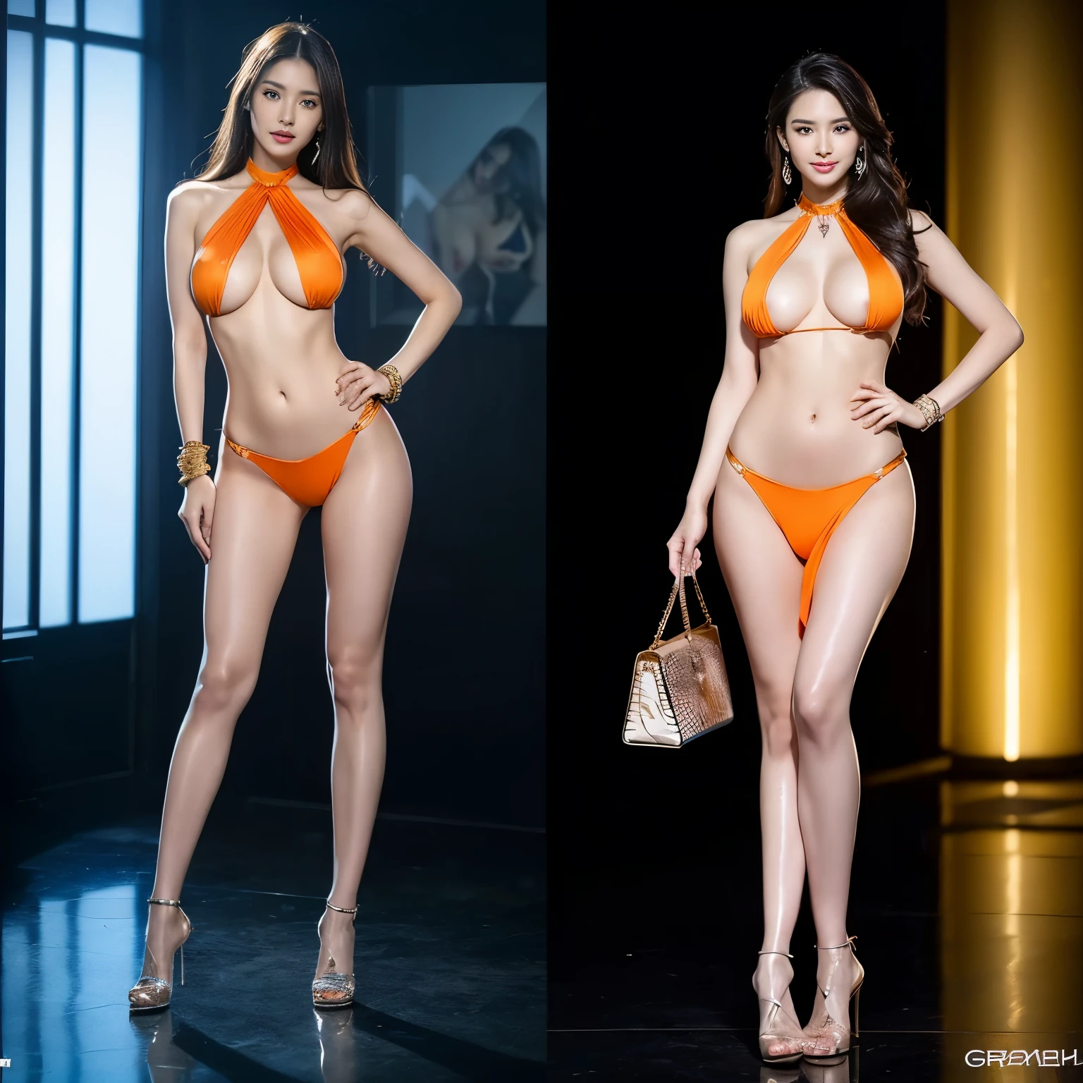 ((realistic)),(realistic shadow),((realistic skin texture)),(asian Chinese beautiful face),((Chinese sexy face)),((Chinese very sexy model)),((masterpiece)), (detailed), perfect face,(big boob),((big booty)),((very sexy pose)),((very sexy outfit)),(very exotic outfit),((full body)),exotic pose,(thin),((very sexy long legs)),((beautiful legs)),(slim),skinny,((very sexy shiny high heels)),((seduce)),aespa karina winter,((long hair many color)),((very hot young )),((shiny color full tight sexy long dress)),(tiny g-string),(many color long hair),((nipple slip)),((boob flash)),((tits slip)),(teasing pose),(horny smile),(lace tights),(sexy bracelets),((luxury necklace)),((very sexy emotional face)),((boob slip)),((show tits)),((full stand models)),((exotic miss grand thailand 2022)),((very long long hair))(looking at viewer),(sexy belly),(more necklace),(big shiny necklace),(gold hair),(luxury handbags),((wearing shiny orange high Cut Wrap Halter Bikini Swimsuit)),(wearing exotic high slit Wrap Halter Bikini Swimsuit ),Acrylic very large bioluminescent elliptical earrings,Strong luminescence,Clear Acrylic