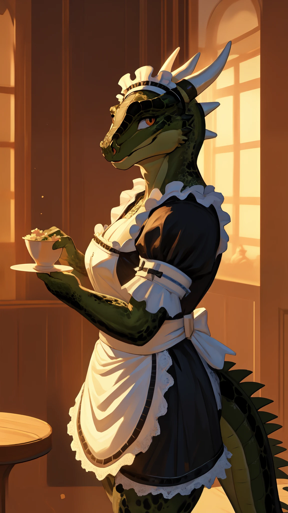 anime, hdr, soft light, ((best quality)), ((masterpiece)), (detailed), lustyargonian, maid, colored skin, green skin, maid headdress, tail, horns, (scales:1.2), (snout, animal nose:1.1), blush, embarrassed, (looking at viewer:1.1), cowboy shot,  (sexy Seductive pose:1.5), mansion, (nsfw:0.35)