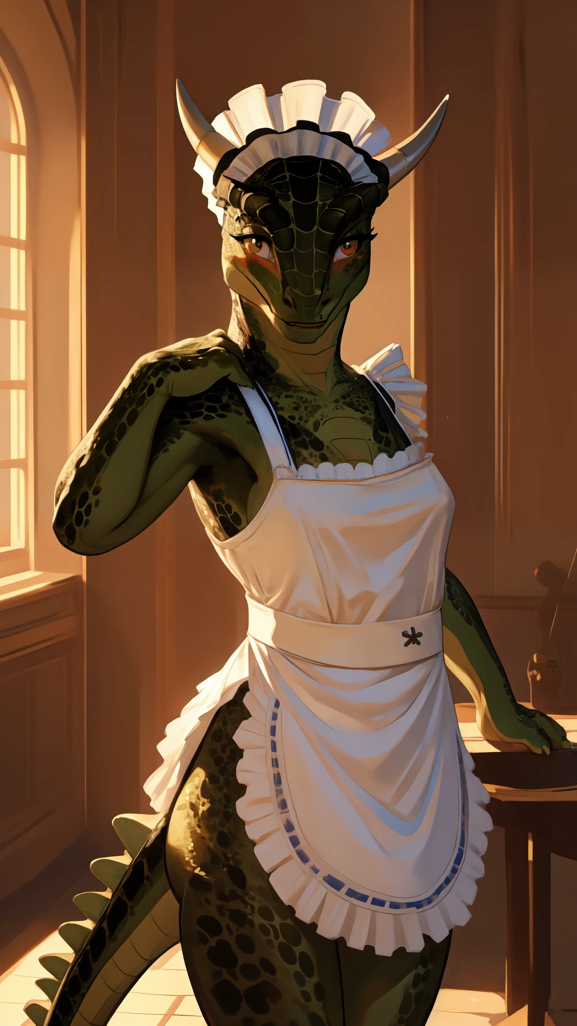 anime, hdr, soft light, ((best quality)), ((masterpiece)), (detailed), lustyargonian, maid, colored skin, green skin, maid headdress, tail, horns, (scales:1.2), (snout, animal nose:1.1), blush, embarrassed, (looking at viewer:1.1), cowboy shot,  (sexy Seductive pose:1.5), mansion, (nsfw:0.35)