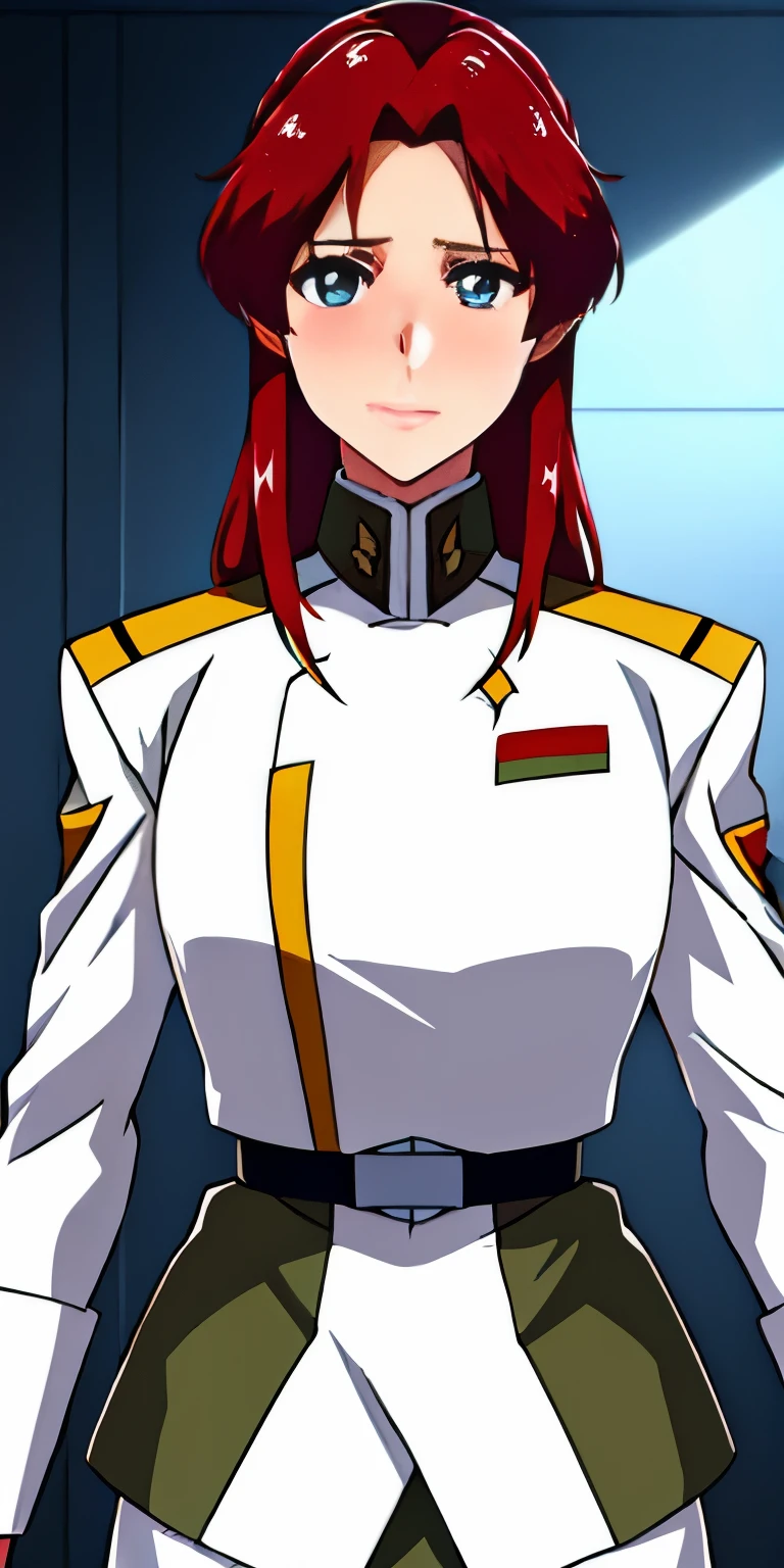 army uniform, army,white jacket, white uniform,skirt,ミニskirt,
white_have,
前hair,red_hair, length_hair,blue eyes,a White bow in her hair,
1 girl, 20 years,young woman,beautiful Finger,beautiful length legs,beautiful body,beautiful Nose,beautiful character design, perfect eyes, perfect face,expressive eyes, looking at the viewer, in the center of the image,(light_笑face:0.5), official art,Highly detailed CG Unity 8k wallpaper, perfect lighting,colorful, bright_front_face_lit,shiny skin, (masterpiece:1.0),(Highest_quality:1.0), 超High resolution,4k,super detailed, photograph, 8k, HDR, High resolution, disorganized:1.2, kodak portrait 400, film grain, blurred background, Bokeh:1.2, Lens flare, (lively_color:1.2) (beautiful,big_chest:1.0), (beautiful_face:1.5),(narrow_waist)