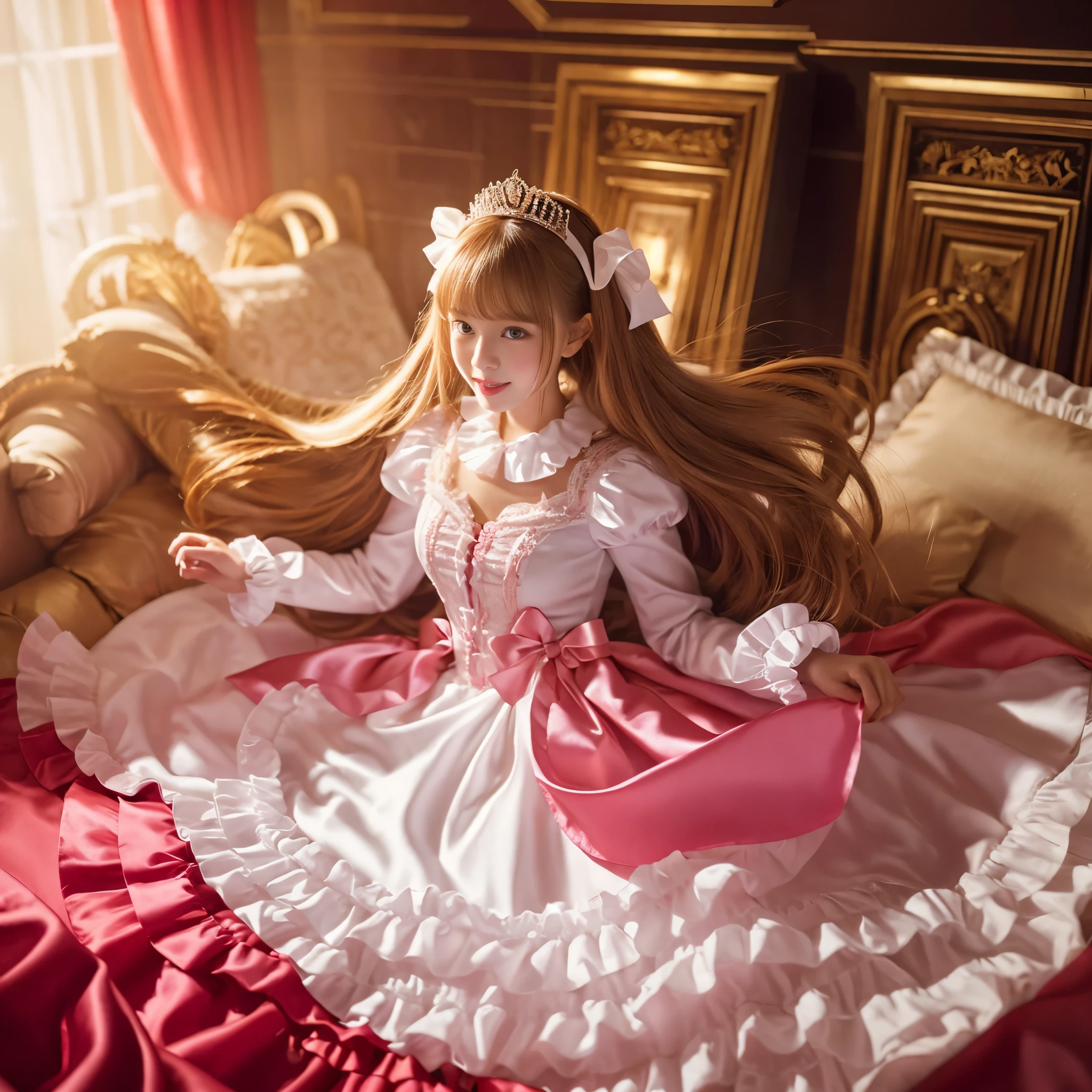 ,highest quality, masterpiece, highest resolution, artwork, super それにget used to it, many get used to it, get used to it, それにget used to it, 3K realistic photos,,((10 year old s)),Super detailed baby face,both are princesses,Full length ball gown dress with hoop skirt,ruffle yoke collar,Detailed braided ribbon at chest,puff sleeves,long sleeve,((Lolita stylt pink detailed princess satin dress、Comes with lots of frills and ribbons。)),crazy'colorful fashion,shiny silk satin dress,soft and smooth silk satin fabric,luxury,Very long blonde hair,blue eyes,white skin european,pajamas,((inside the palace)),Princess dancing happily,gorgeous flowing dress,fine white frills and lace,Super long hair that is as tall as your body,white long socks,Drawers with lots of frills,castle ball at night,Super long flowing hair,on the bed,豪華な天蓋付きon the bed,巨大な広いon the bed,pillow with lots of frills,golden bed frame,Silk satin curtains with luxurious ruffles and ribbons surround the bed,
