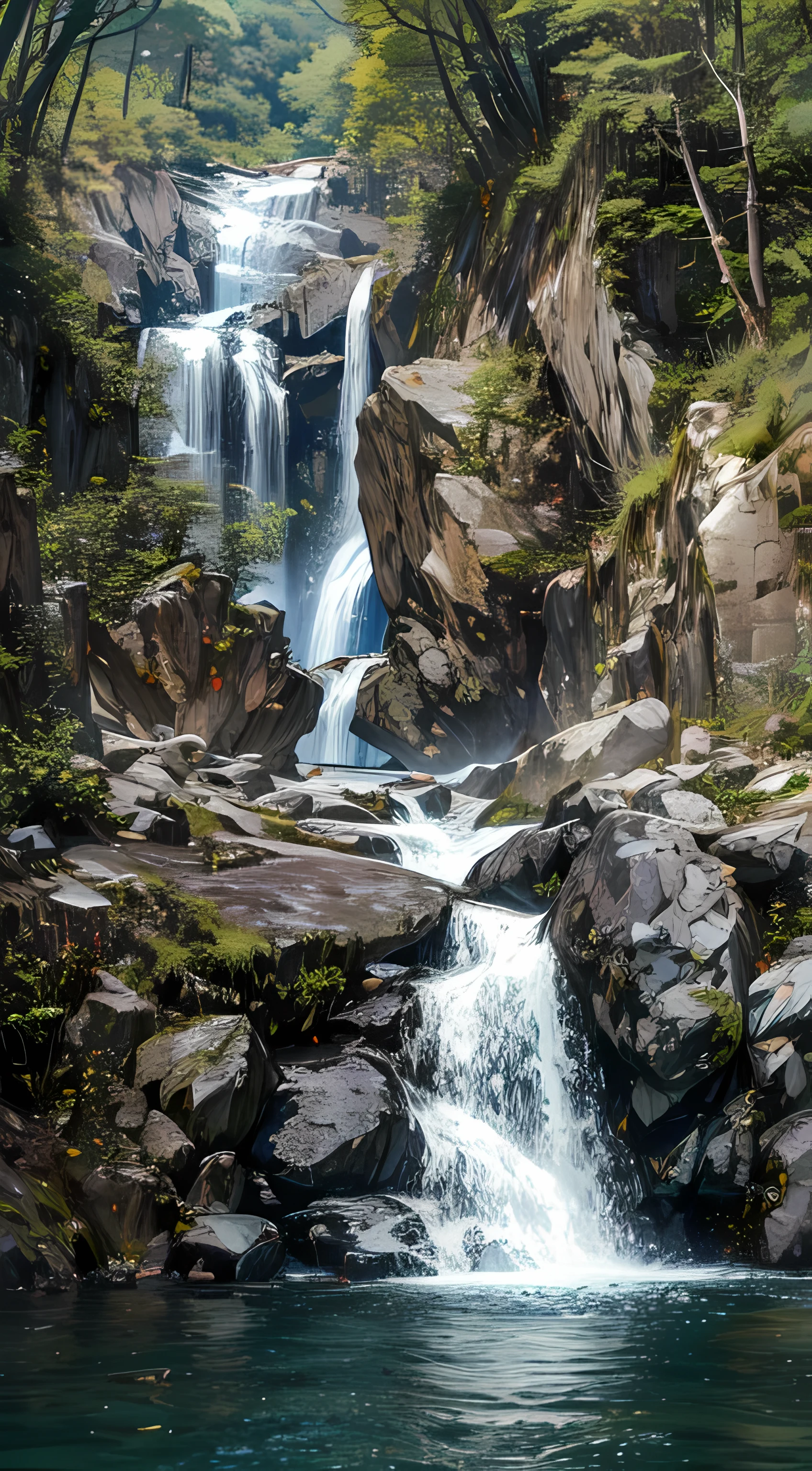 High detail, 8K, ultra HD, high quality, Anime studio, create a image relistict, lighting , softlight, waterfall beautifull