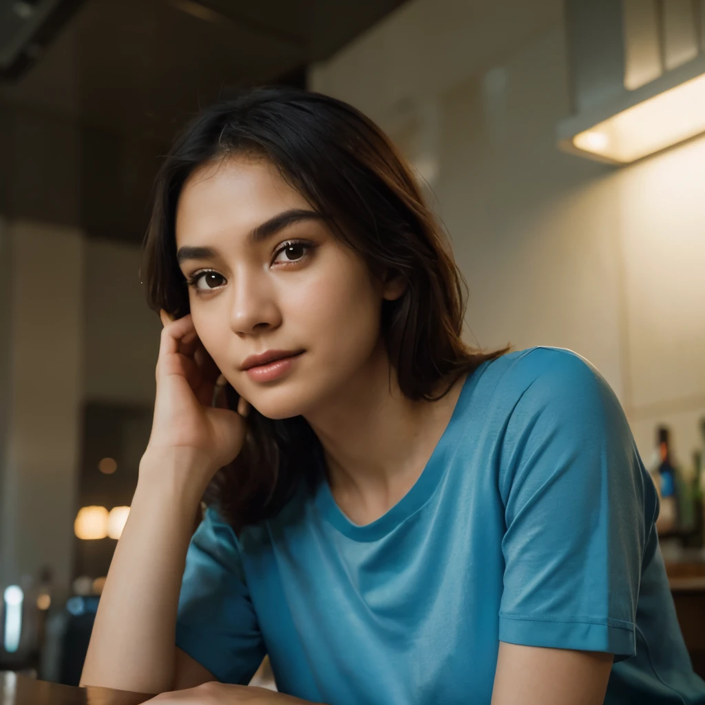(Best quality, Ultra detailed, Golden ratio, Masterpiece:1.2), Theatrical lighting:0.7, Photo of a young woman, dressed in a very elegant dress, Perfect indonesian face, (Highly detailed skin), randomly dyed hair,Ridicule, skin texture, Pale skin, shiny skin, (thin, large size:1.2), [:(Sharp focus on rare face, perfect eyes:1.2):0.2], photorealistic, film grain, Put one foot forward、from below looking up、look at camera、Emphasize the shoulders, Focus on face、Stockings、Smiling face 、happy expression, summer haze, muted colors, muted warm colors, Photo cinematic portrait of a woman pants、blue t-shirt and black acket sitting by the chair in the clear cinematic、 (tilted:1.3) (at the bar) look cautious, standing under a spotlight,soft natural lighting, photography Film grain ISO 700 50 mm lens RAW f1.8 aperture, highly detailed (analog photography:1), colors hdr, ultra realistic 