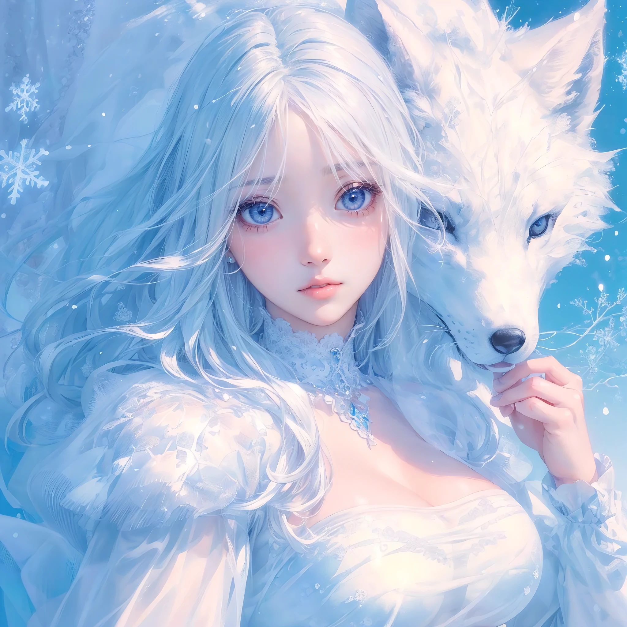 (masterpiece, best quality, photorealistic, ultra-detailed:1.2), a beautiful snow elemental with an arctic fox, perfect body, large breasts, wide hips, big gorgeous eyes, full lips, soft smile, (see through transparent clothing:1.3), snowy landscape, heavy snowing, perfect illustration colab by ayami kojima x artgerm x donato giancola