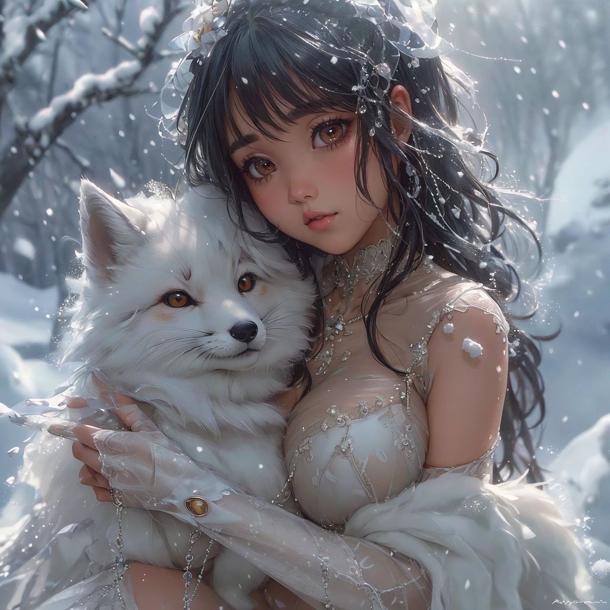 (masterpiece, best quality, photorealistic, ultra-detailed:1.2), a beautiful snow elemental with an arctic fox, perfect body, large breasts, wide hips, big gorgeous eyes, full lips, soft smile, (see through transparent clothing:1.3), snowy landscape, heavy snowing, perfect illustration colab by ayami kojima x artgerm x donato giancola