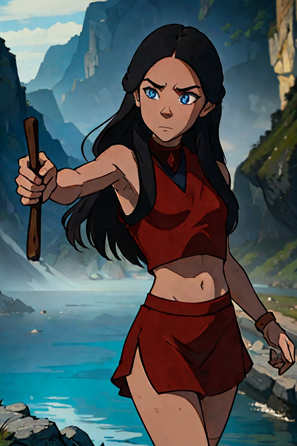 katara , blue eyes, red robe, medium breasts,  stretching upwards, river in the background, daylight  showing her armpits
azula wearing a sleeveless uniform,  short shirt, short skirt,  midriff,   absurdres, 8k,(RAW photo, best quality), (beautiful composition, coherent:1.3),
best quality, ultra high res, masterpiece, extremely detailed, 8k wallpaper, cinematic lighting,
beautiful detailed eyes, extremely detailed eyes and face, perfect anatomy,
an extremely delicate and beautiful girl
natural lighting, cinematic,sharp focus, hyperrealism, insanely detailed,
1girl, solo,(high detailed skin:1.2), beautiful  (skinny:1.2)
(skinny:0.8), (tan skin:0.2), loose shirt,