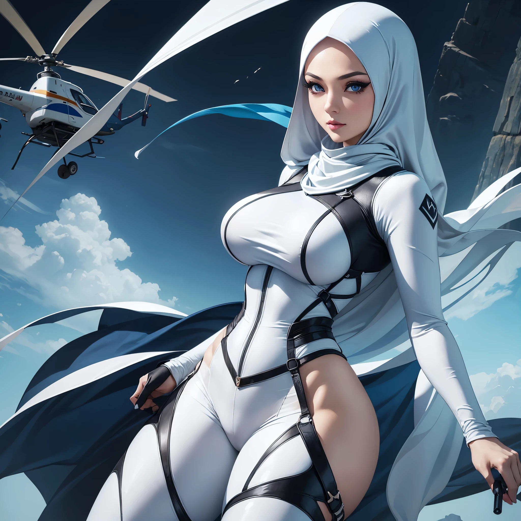 A malaysian woman (age 35, hourglass figure, pale blue eyes and makeup, no hair showing white hijab, sexy white ninja outfit), several sheathed weapons, hanging onto a helicopter