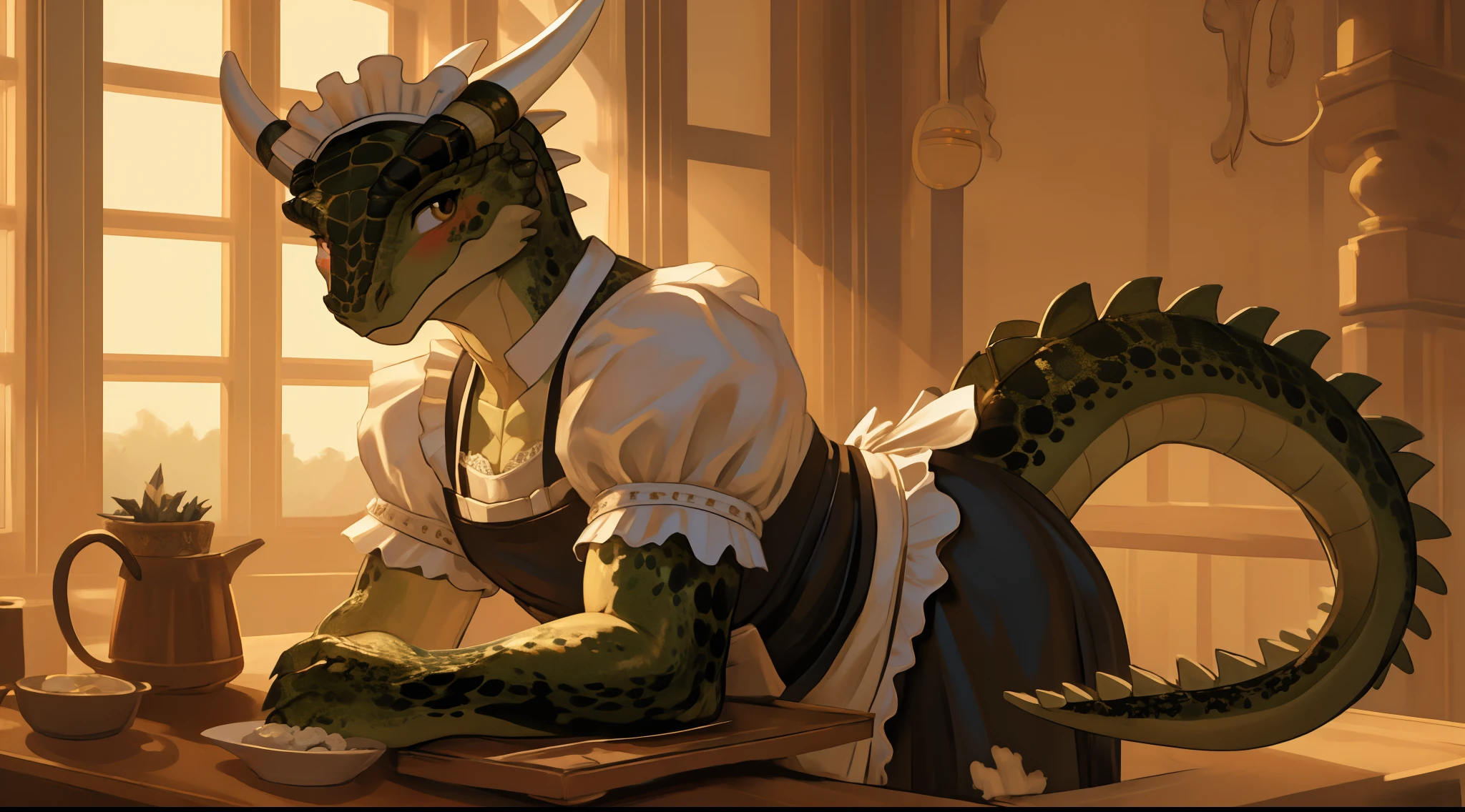 anime, hdr, soft light, ((best quality)), ((masterpiece)), (detailed), lustyargonian, maid, colored skin, green skin, maid headdress, tail, horns, (scales:1.2), (snout, animal nose:1.1), blush, embarrassed, (looking at viewer:1.1), cowboy shot,  (sexy Seductive pose:1.5), mansion, (nsfw:0.35)