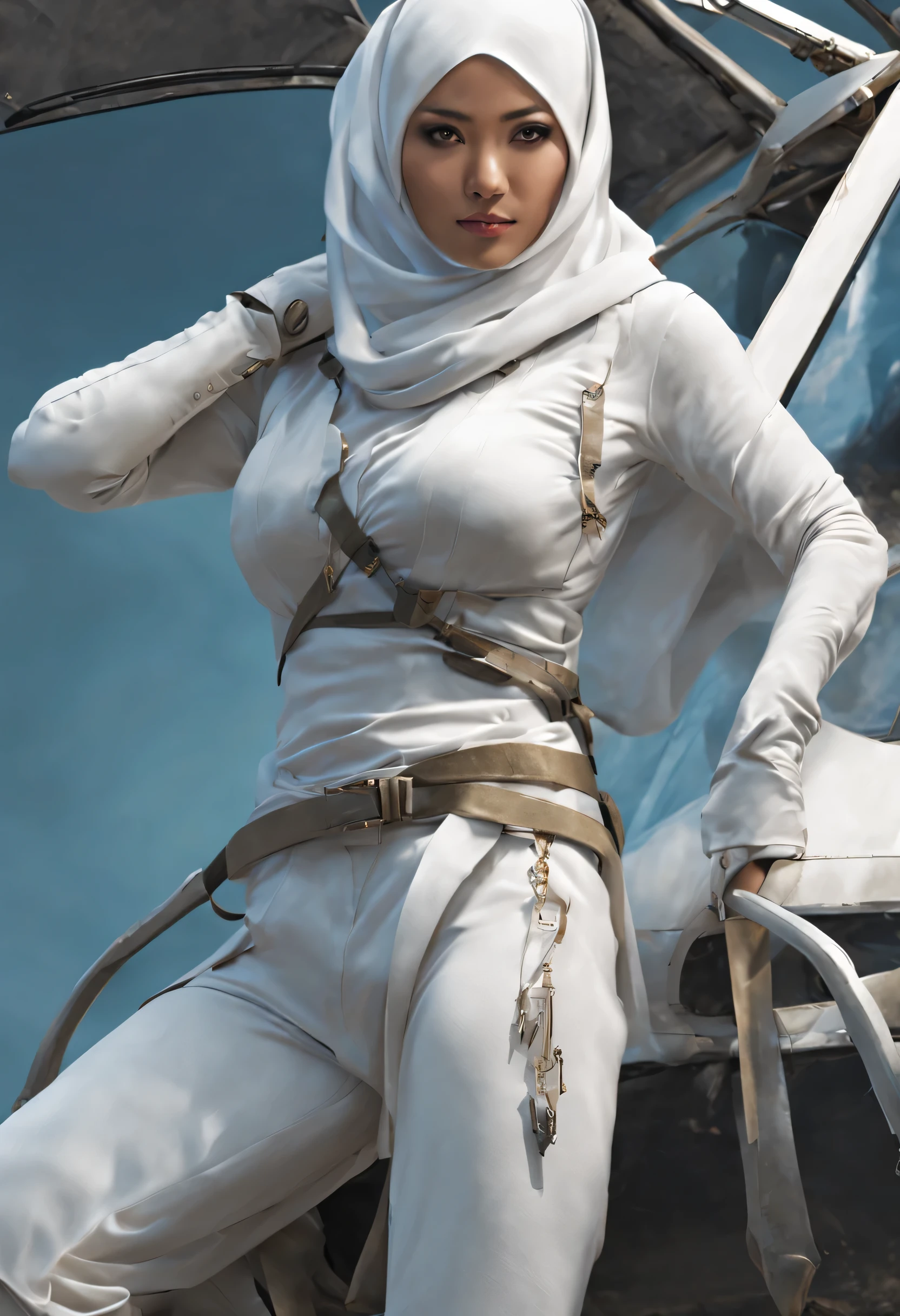 A malaysian woman (age 35, hourglass figure, pale blue eyes and makeup, no hair showing white hijab, sexy white ninja outfit), several sheathed weapons, hanging onto a helicopter