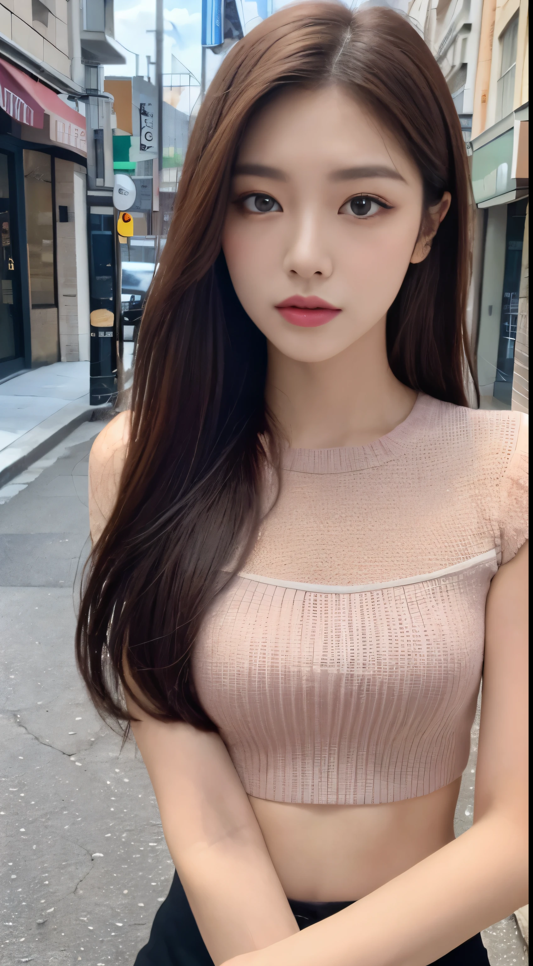 (realistic lighting, highest quality, 8k, masterpiece:1.3)), sharp focus:1.2, 1 girl, beautiful woman with perfect figure:1.4, slim abs:1.1, ((dark brown hair)), (pink top:1.4),(exterior,in the middle of the night:1.1),city street,Extra-fine face,fine eyes,double eyelid,
