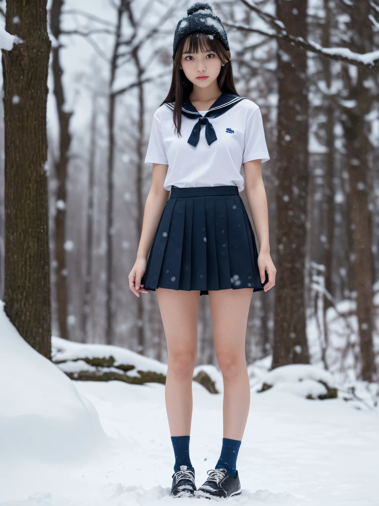 (in 8K、RAW Photos、top-quality、masterpiece:1.2), (realisitic、Photorealsitic:1.37), ultra-detailliert, high resolution, 1girl in, a closeup, Raw feet, black eyes, japanese, color_contact_lens, (beautiful legs:1.3), (slender girl:1.4), a beauty girl, (Thin legs:1.3), a sailor suit, , high-school girl, JK, Ultra mini skirt, Dark blue pleated skirt, Short socks, Tri-fold socks, white sock, (short sleeves:1.2), Full body, (standing:1.2), (heavy snowing:1.3), (deep snow:1.2),(town_background:1.2), red_ribbon, (black mary janes shoes:1.1), (tanned_skin:1.2), (dark_skin:1.4), injured_legs