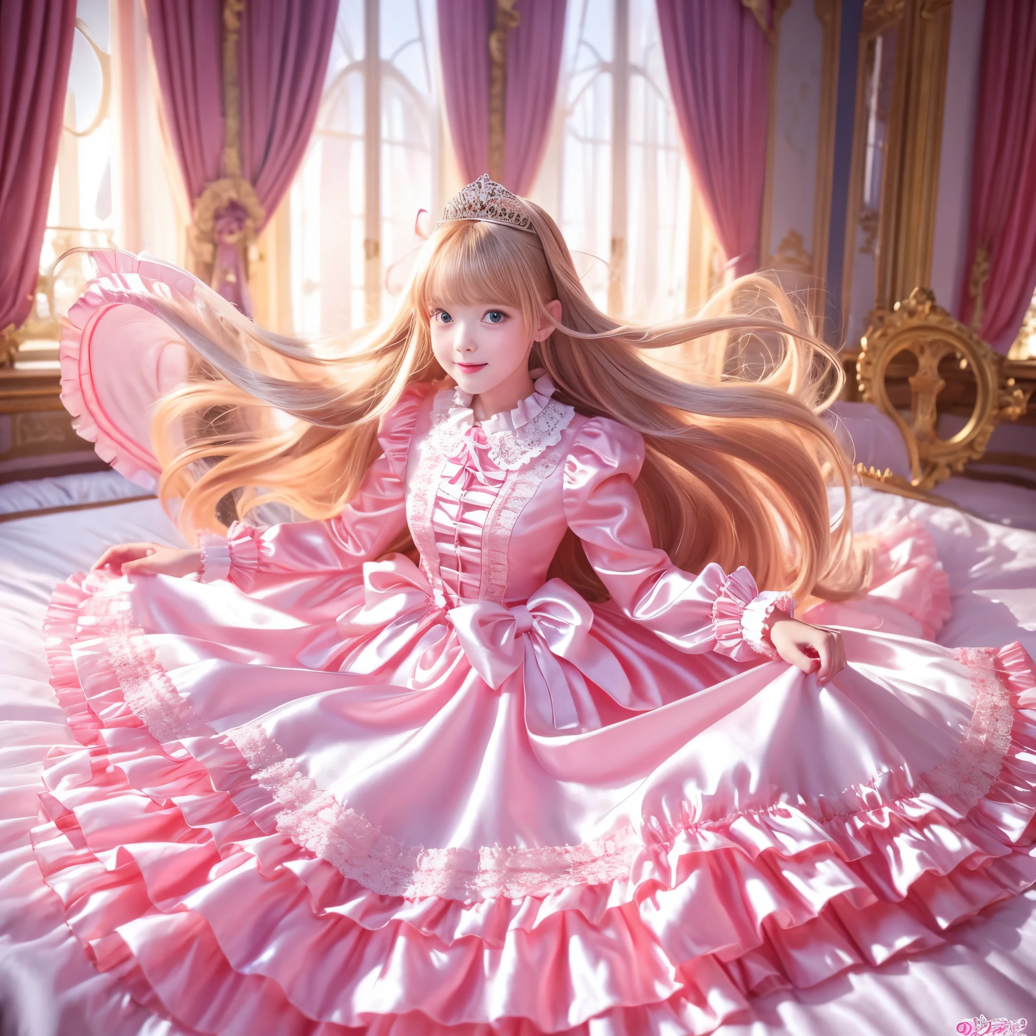 ,highest quality, masterpiece, highest resolution, artwork, super それにget used to it, many get used to it, get used to it, それにget used to it, 3K realistic photos,,((10 year old s)),Super detailed baby face,both are princesses,Full length ball gown dress with hoop skirt,ruffle yoke collar,Detailed braided ribbon at chest,puff sleeves,long sleeve,((Lolita stylt pink detailed princess satin dress、Comes with lots of frills and ribbons。)),crazy'colorful fashion,shiny silk satin dress,soft and smooth silk satin fabric,luxury,Very long blonde hair,blue eyes,white skin european,pajamas,((inside the palace)),Princess dancing happily,gorgeous flowing dress,fine white frills and lace,Super long hair that is as tall as your body,white long socks,Drawers with lots of frills,castle ball at night,Super long flowing hair,on the bed,豪華な天蓋付きon the bed,巨大な広いon the bed,pillow with lots of frills,Silk satin curtains with luxurious ruffles and ribbons surround the bed,