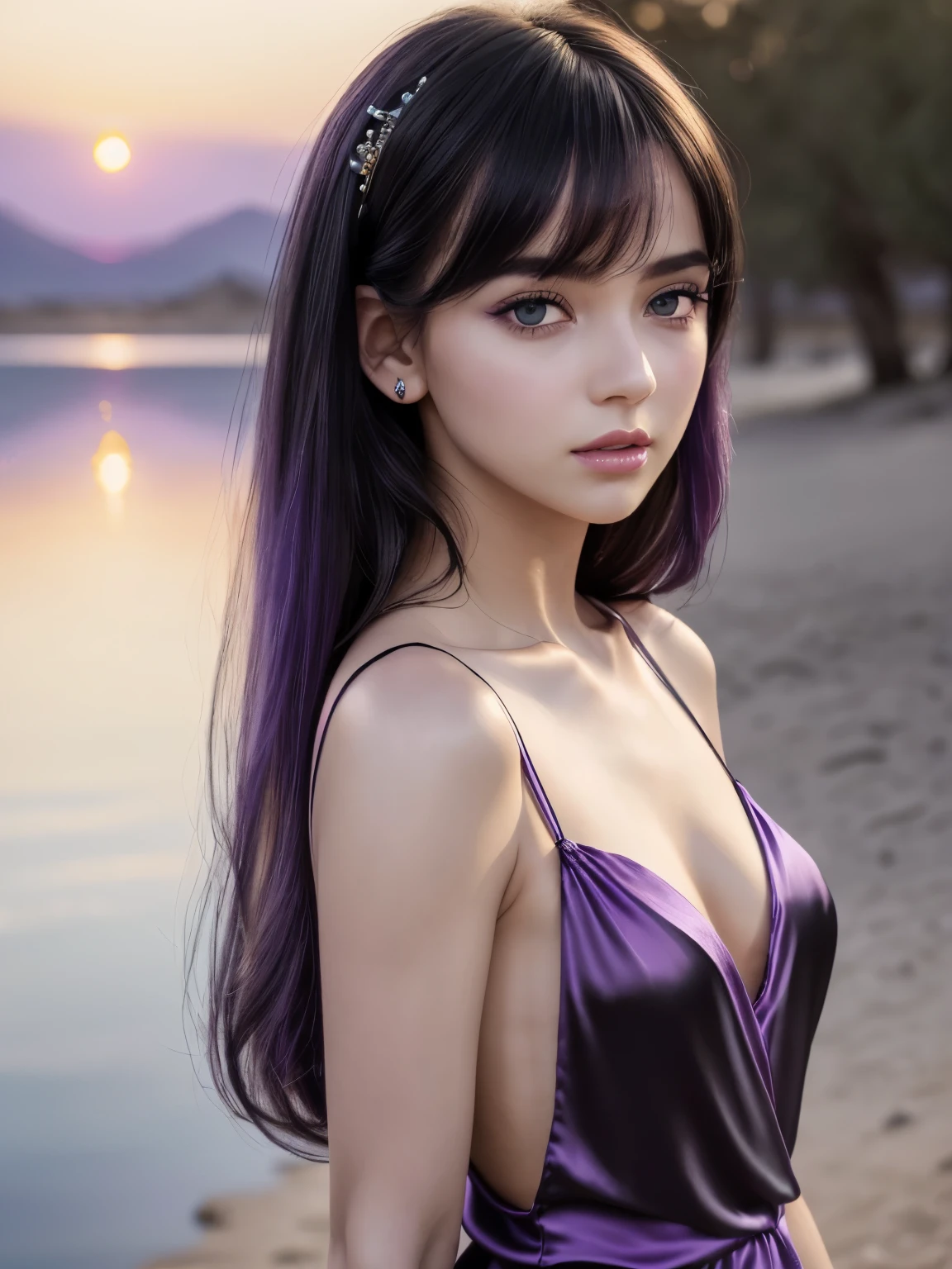 (best quality,4k,8k,highres,masterpiece:1.2),ultra-detailed,(realistic,photorealistic,photo-realistic:1.37),fashion photography, Angelic girl, beautiful detailed eyes, slight smile, beautiful detailed lips, long eyelashes, random hairstyle, random hair colour, stylish makeup, (((perky))), gorgeous model, posing with confidence, sensuous expression, modern photography techniques, striking contrast between light and shadow, soft and natural lighting, pale skin tone, subtle blush, pop of colour on the lips, dramatic background with vivid colours, artistic composition, ethereal atmosphere, whisper of wind blowing through her hair, graceful and elegant posture, bokeh effects, (((loose black and purple silk mini dress))), exquisite accessories, bold and creative fashion choices, (((standing near a lake, surrounded by the desert, sunrise)))