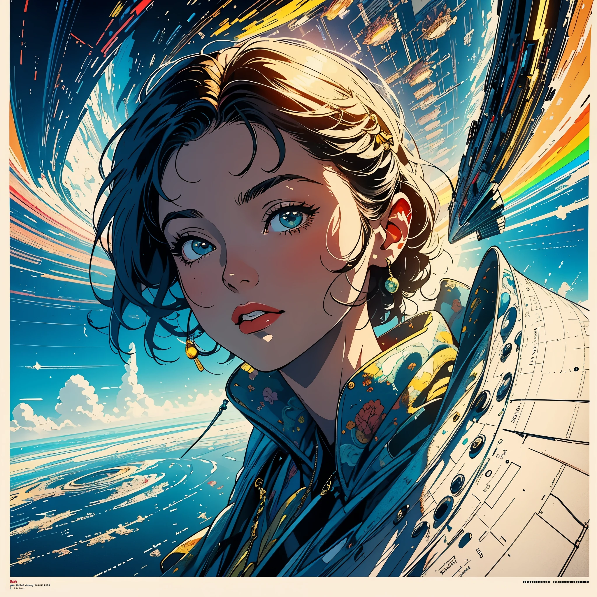 (masterpiece, highest quality), 32k,(A very detailed beautiful woman), poster,science fiction,1960s,1970s,bauhaus, shape, OK, abstract, propaganda,movie poster, vintage,retro,futuristic,anime,ultimate map,Perfect rainbow,highlight,angle from below,golden,awesome quality,