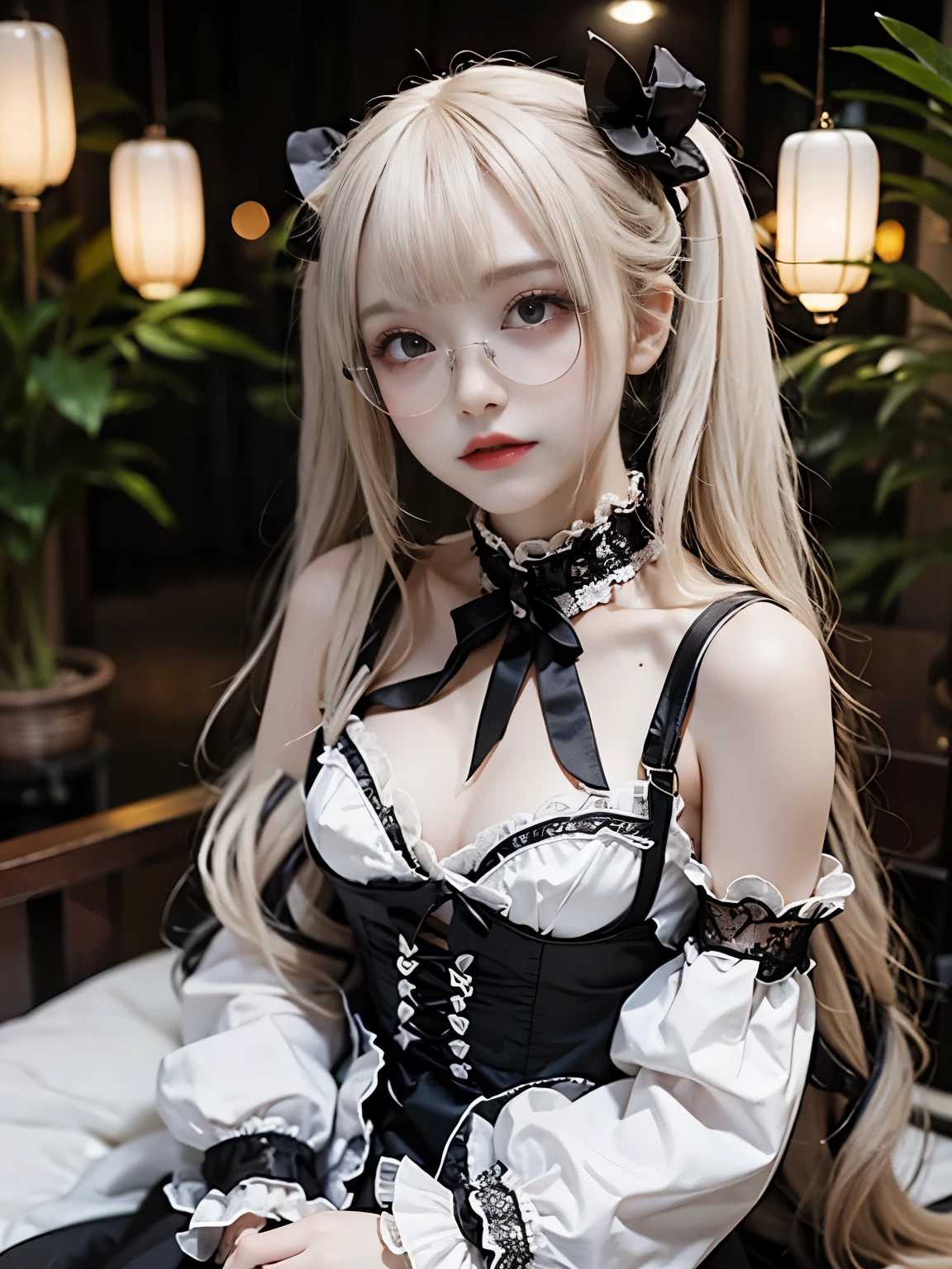 raw photo, 8k, (top-quality), Realistic, (real picture, Intricate details), (natural skin texture, detailed skin, hyper realism, sharpness), (Japanese age girl in luxury hotel at night, Suite Room), ((maid costume with black and white, loliashion, gothic fashion), (slender body, flat chest, pale skin:1.4), ((white hair, twintail hairstyle, blunt bangs)), (glasses provocative look, Parted lips:1.3, eye shadow, eyeliner, tear bag:1.3, red lips), thighs, night time, chandelier, golden decoration wall, large bed, big window, night view, spot lighting