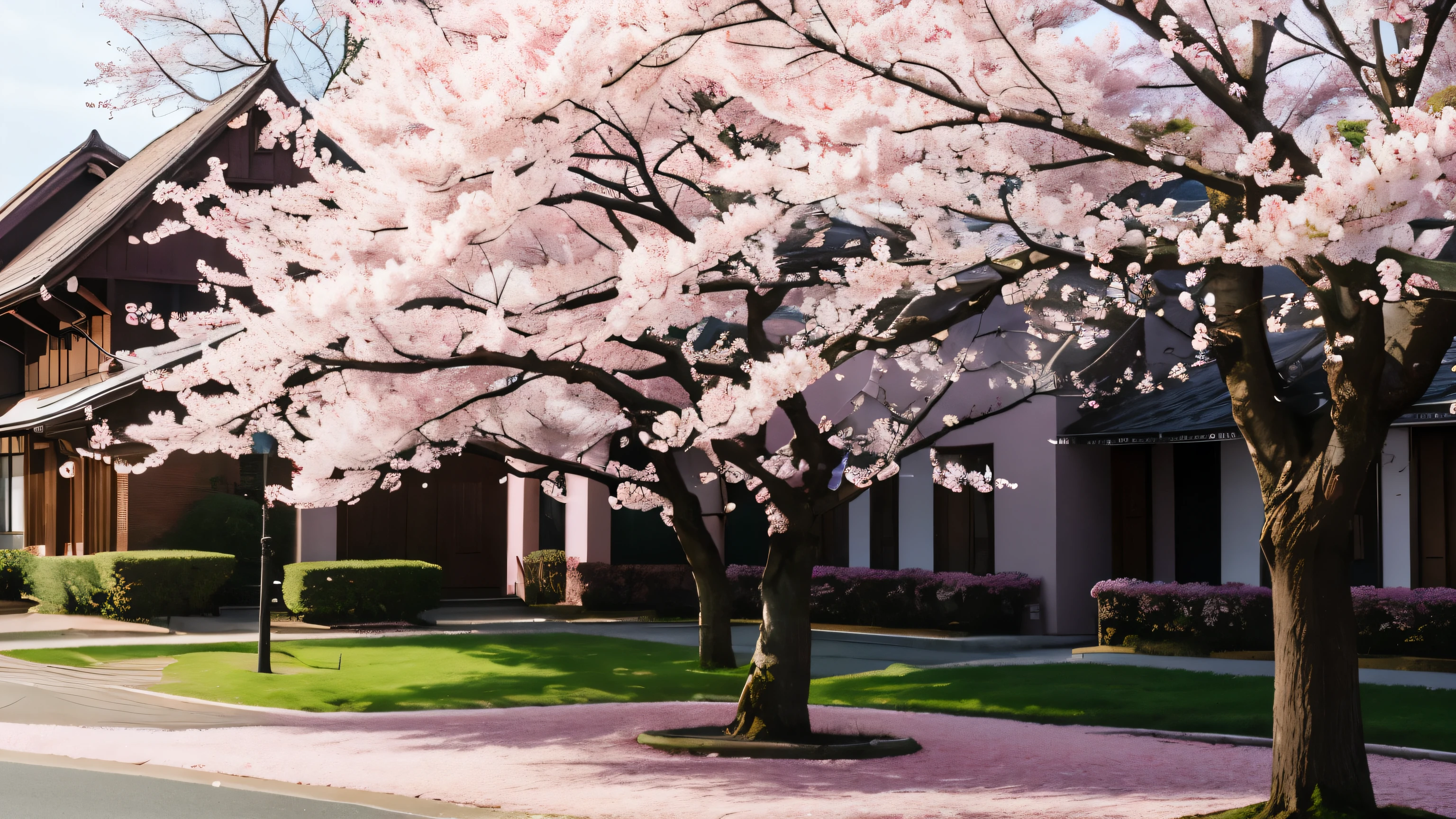 The cherry trees are in full bloom., With delicate pink petals falling gently to the ground..