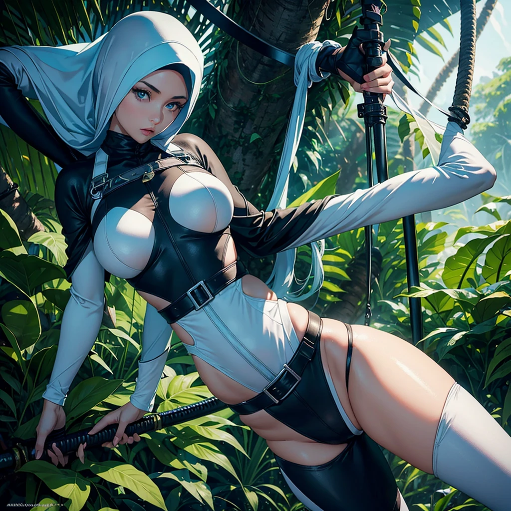 A malaysian woman, hourglass figure, pale blue eyes, and makeup, white hijab covering her hair, wearing a sexy white ninja outfit, gripping onto a helicopter's side-door mid-air. The helicopter is flying at a high altitude above a lush jungle canopy. The woman holds several sheathed weapons, including a katana and a pair of sai, attached to her outfit's belt. The helicopter's rotor blades spin rapidly as it maneuvers through the air. The scene is depicted in high resolution (best quality, 4k, 8k, highres, masterpiece:1.2), with ultra-detailed attention given to every aspect. The colors are vivid, showcasing the vibrant greens of the jungle and the woman's striking outfit contrasted against the blue sky. The lighting is dramatic, with natural sunlight casting rays through the jungle foliage, creating a sense of depth and atmosphere. Focus on the ninja