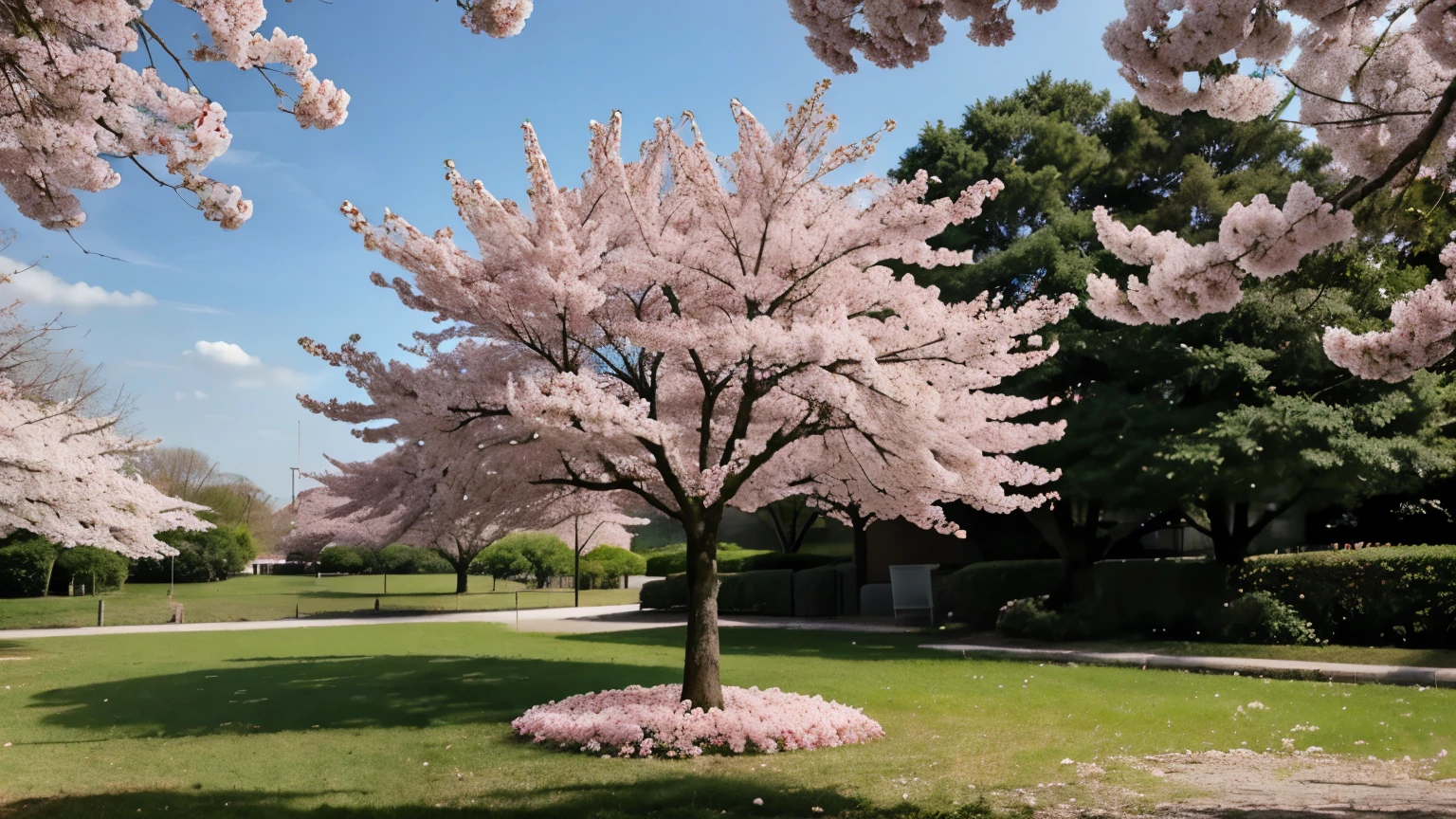 A cherry blossom tree in full bloom, with delicate pink petals falling gently to the ground.