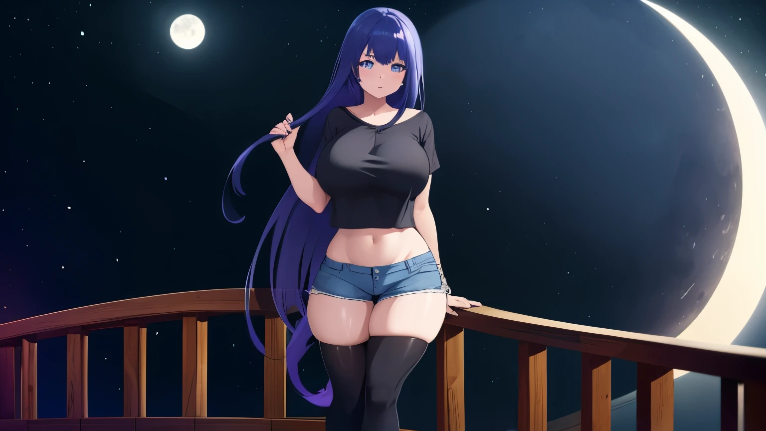 1girl, solo, long hair, looking at viewer, blue eyes, nervous, large breast, thick thighs, beautiful face, beautiful eyes, blue top, black tight shorts, blush, blue hair, long hair, purple stockings, parted lips, forest, standing on a wooden bridge, night moon light, full body