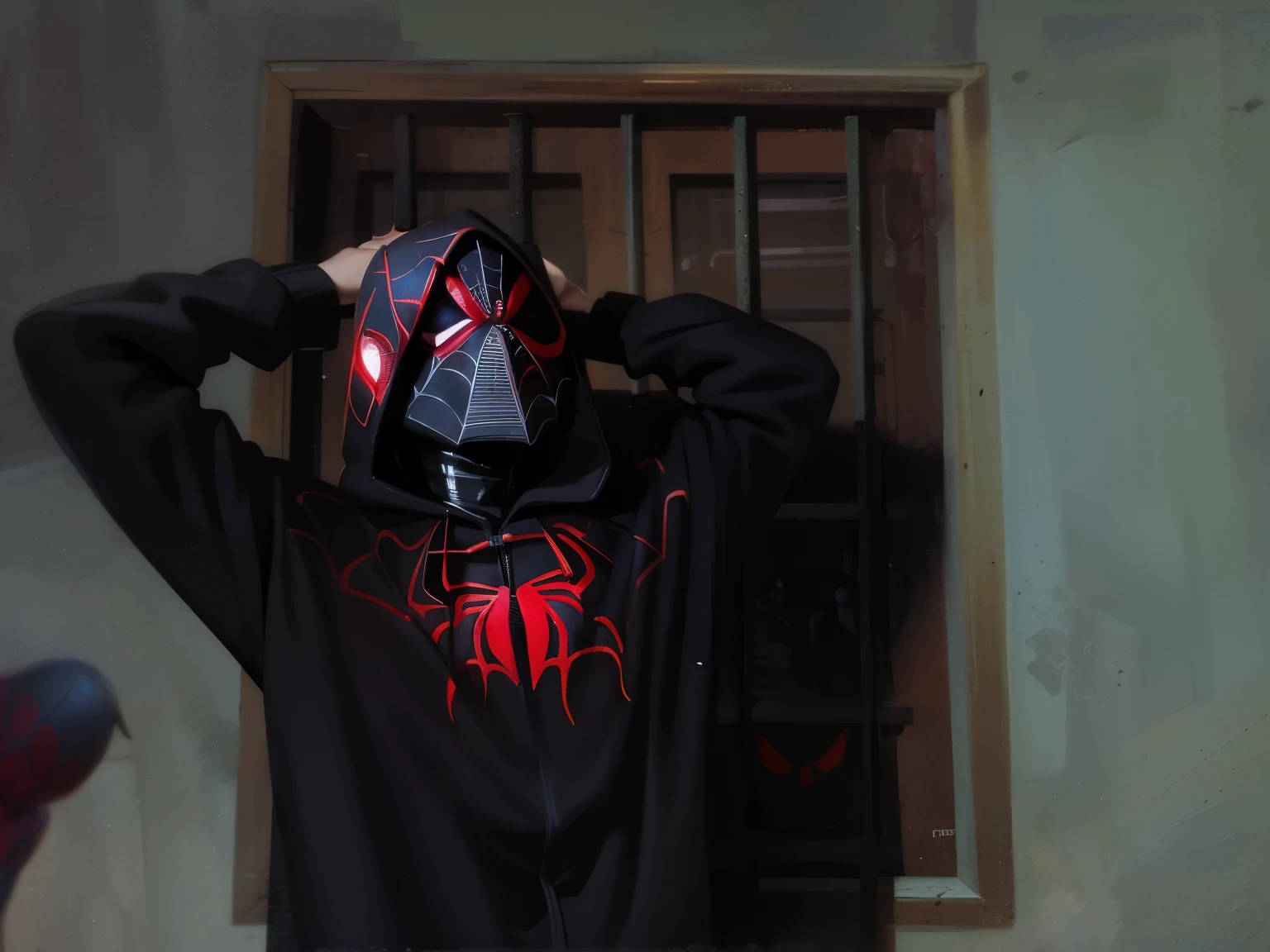 spider - man in a black hoodie with a red spider - man mask, miles morales!!!, miles morales, futuristic style spiderman, wearing sith hood, profile image, donald glover as miles morales, full samurai armor spiderman, spiderman!!, profile shot, spiderman, profile picture, full costume, jesse pinkman as spider-man, venom costume, full mask