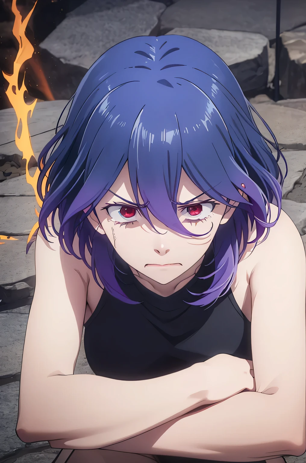 purple hair, red eyes, large breasts, medium hair, looking at viewer,, hair between eyes, short hair, blue hair, multicolored hair short hair, ,side ponytail, on bed ,completely nude, from above, pussy, nipples, spread legs, teeth,suggestive fluid, sweat, dog collar, leash,,(((((pain: soreness, agony, distress, discomfort, torment, hurt, affliction, anguish, misery, unease suffering: pain, distress, agony, torment, affliction, hardship, ordeal, adversity, tribulation, sorrow sadness: sorrow, grief, melancholy, gloom, despondency, dejection, woe, unhappiness, heartache, regret)))))
