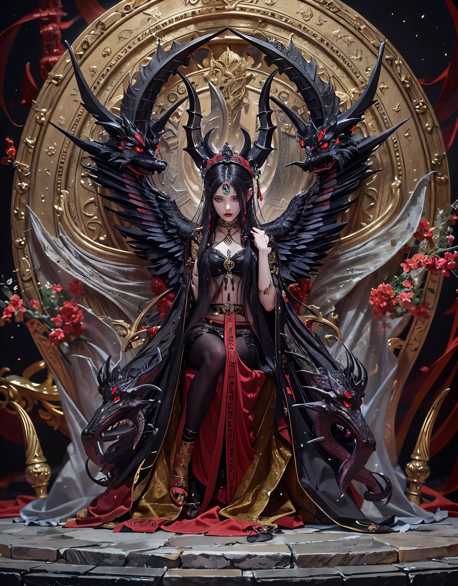 8k, RAW photo, best quality, masterpiece, realistic, photo-realistic, clear, professional lighting, beautiful face, best quality,ultra high res

female demon lord,eternal youth,25 years old,long hair,complex braids,decorations,deep red hair,jet black hair,vivid red eyes,golden eyes,eyeliner,dark lipstick,dark-toned dress,,magical gems,jewelry,crown,luxurious throne,dragon sculptures,magical symbols,sinister,exquisite decorations,crossing legs,resting cheek in hand,(full body:1.4) visible　A large throne decorated with ominous yet, luxurious and precise carvings,(A sexy draped dress with a loose-fitting belly button that shows a lot of skin,:1.5)A very fine devil's horn with a very complicated structure grows from its head, and very large and ominous devil wings grow from its back.