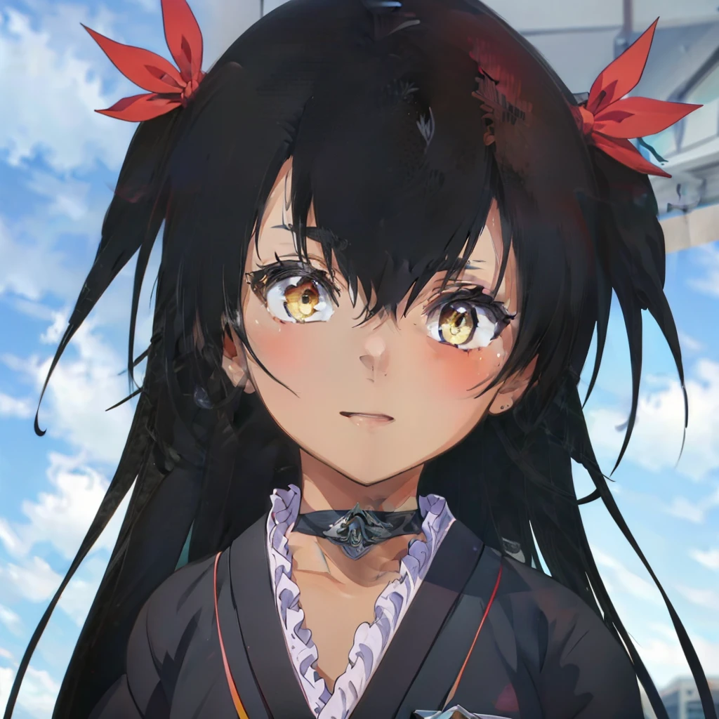 (masterpiece, highest quality:1.2),figure,8k,hd,1 girl,alone,superiorper body,portrait,length_hair,black_hair,ribbon,clavicle,hair_ribbon,yellow_eye,Japanese_Clothes,choker,dark_skin,red_ribbon,dark-skinned_woman,twin tails,very_length_hair,ribbon,two_~ side_superior,black_kimono,hair_bow,hair_ribbon,sash,sandals,