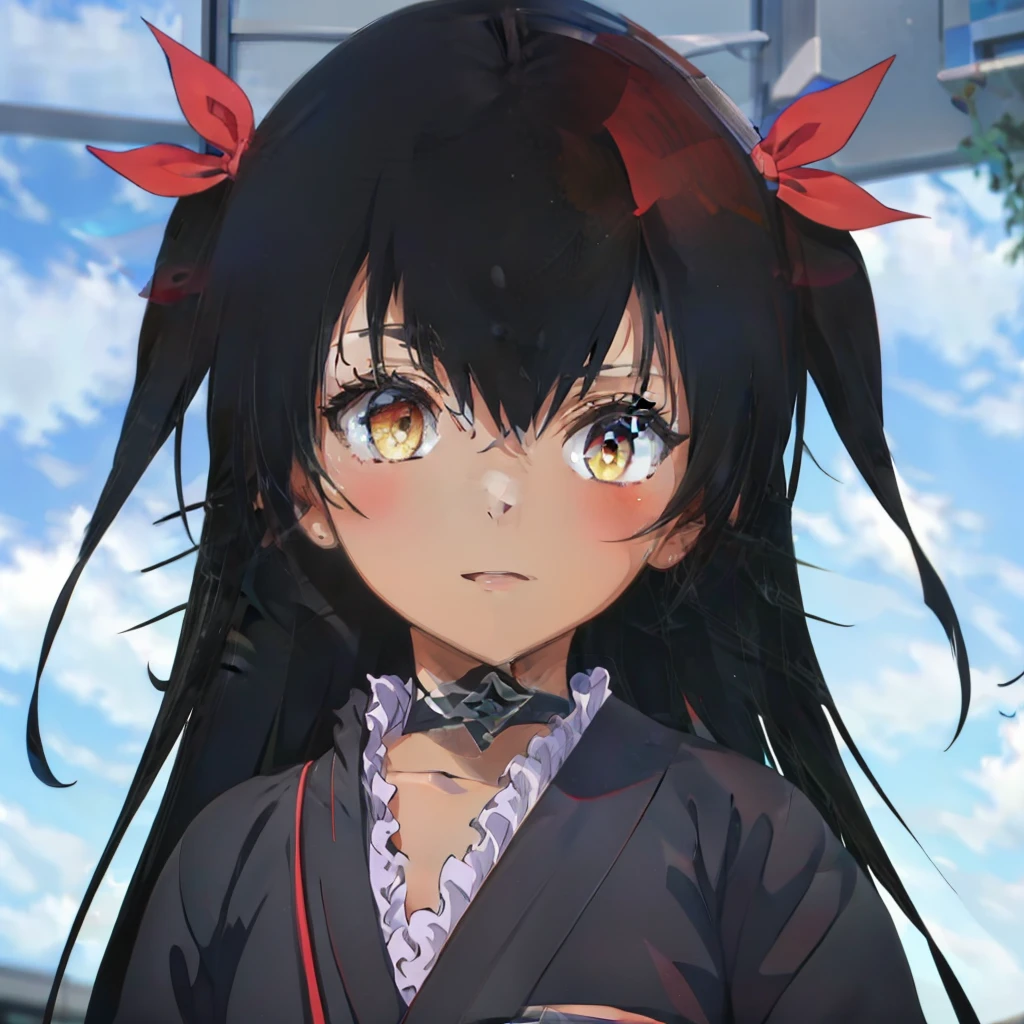 (masterpiece, highest quality:1.2),figure,8k,hd,1 girl,alone,superiorper body,portrait,length_hair,black_hair,ribbon,clavicle,hair_ribbon,yellow_eye,Japanese_Clothes,choker,dark_skin,red_ribbon,dark-skinned_woman,twin tails,very_length_hair,ribbon,two_~ side_superior,black_kimono,hair_bow,hair_ribbon,sash,sandals,