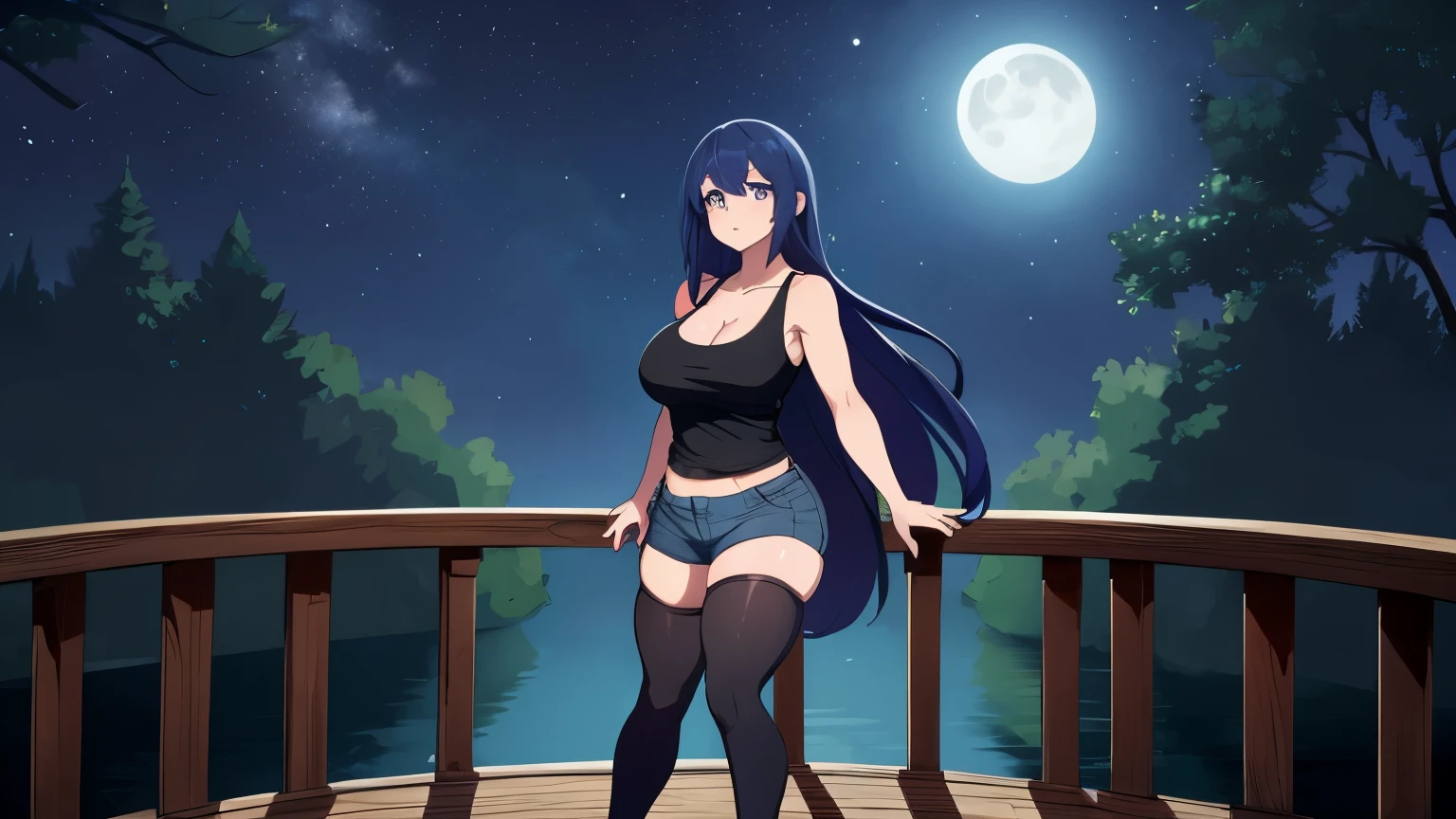 1girl, solo, long hair, looking at viewer, blue eyes, nervous, large breast, thick thighs, beautiful face, beautiful eyes, blue top, black tight shorts, blush, blue hair, long hair, purple stockings, parted lips, forest, standing on a wooden bridge, night moon light, full body