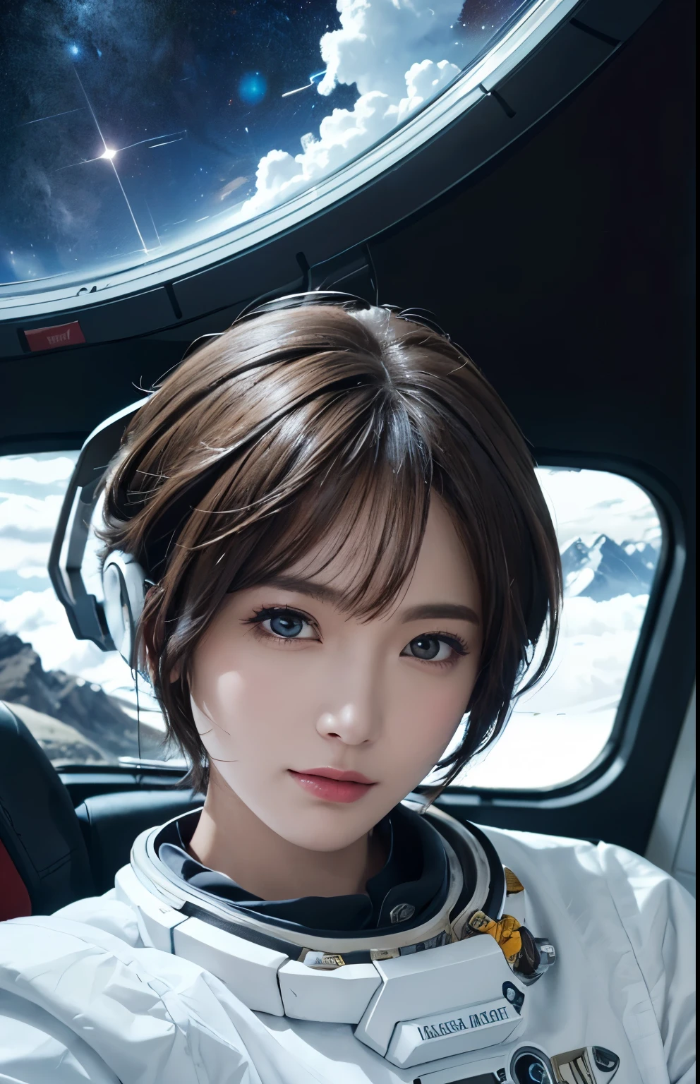 highest quality、masterpiece、ultra high resolution、(real:1.4)、Beautiful woman1、Beautiful details of eyes and skin、light brown short cut hair、perfect space suit、spaceship、macrocosm、Remains、rocky mountain、cloudy sky、