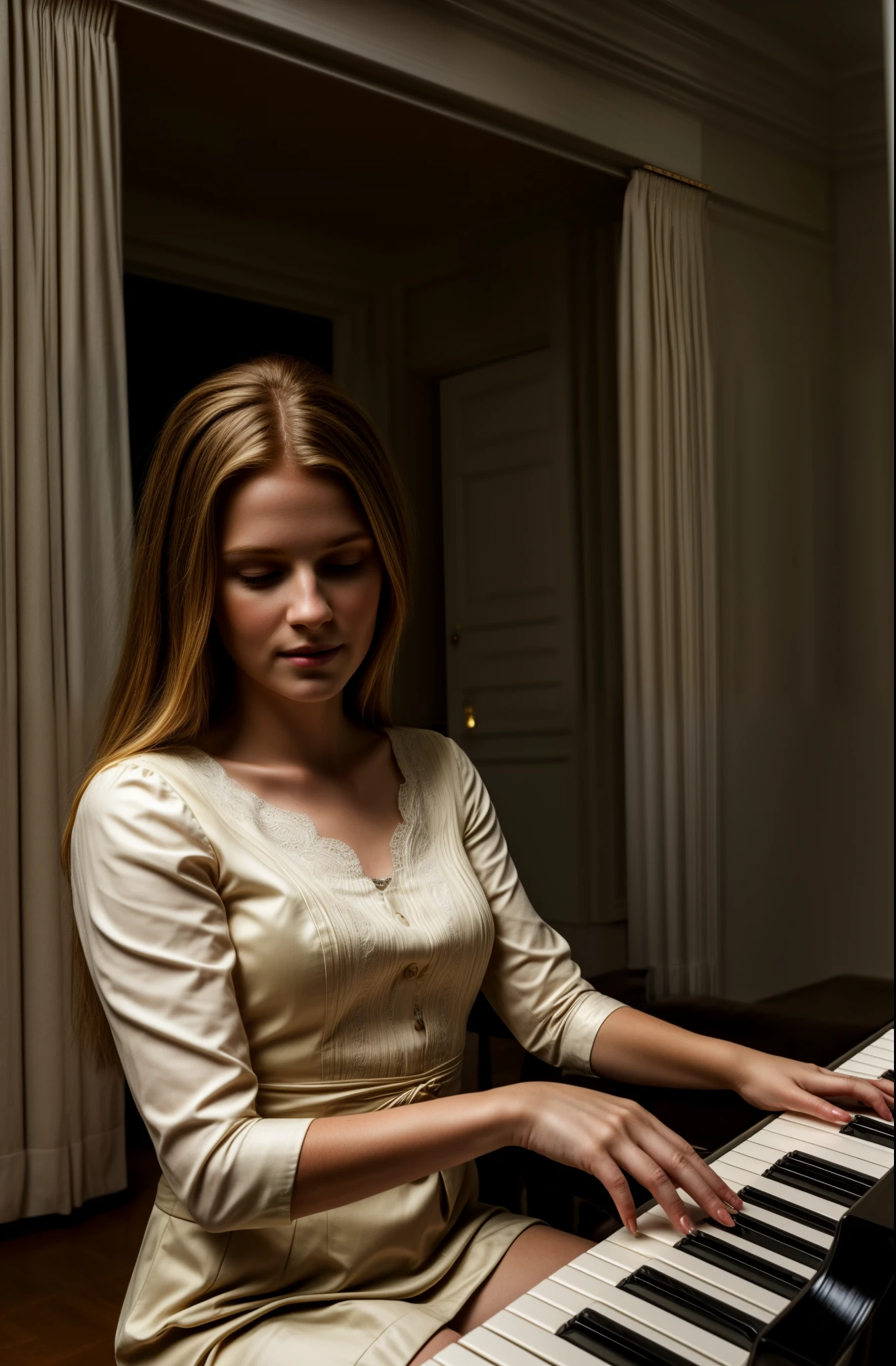 masterpiece, best quality, extremely detailed:1.2, hyperrealistic, photorealistic, a pretty german girl, sitting, playing piano, grand piano, perfect hands, ultra detailed face:1.3