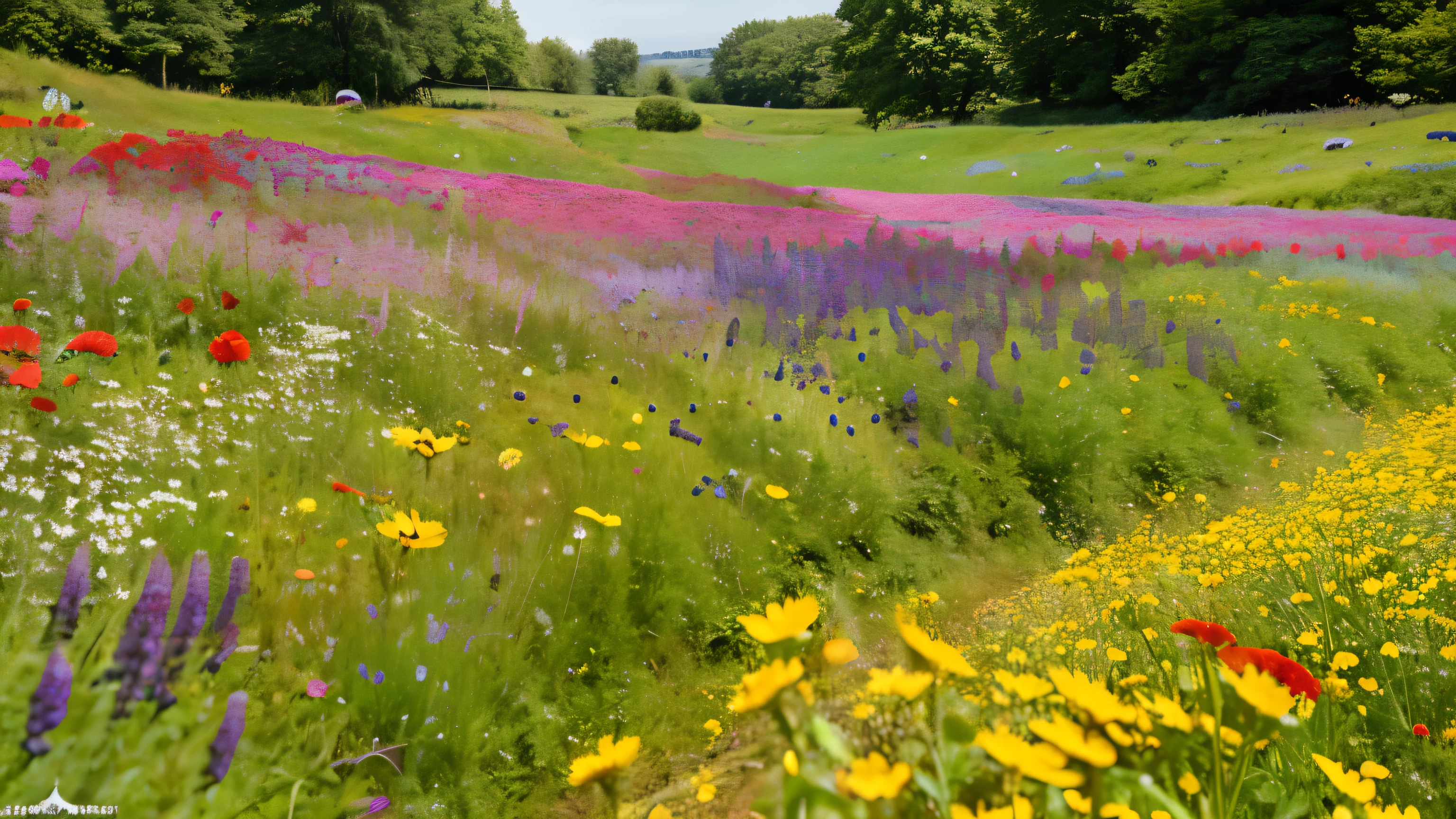The meadow is covered with colorful wildflowers., Attracts bees and butterflies.
