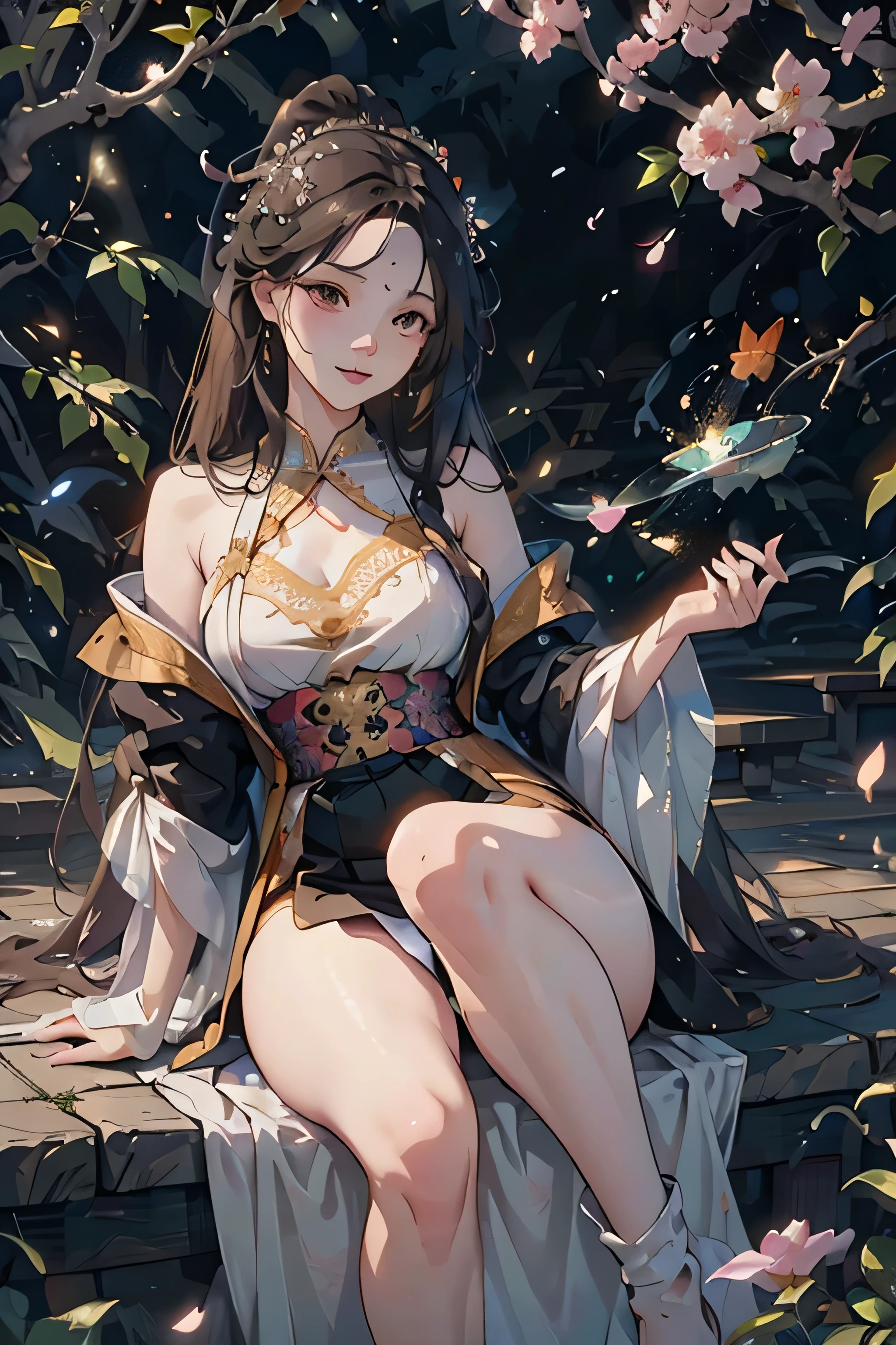 A woman wearing gorgeous clothes in ancient China, superlative, long black hair, Chinese-style headdress, intricate and detailed jewelry, blingbling jewelry, wearing Dunhuang-style clothes, like a fairy descending, full of wisdom, fresh temperament, fair skin, long pink hair, flowing long hair, messy and scattered hair, afternoon sunset, edge lighting, best light and shadow, best shadow, sparkling, dreamy picture, snowy mountains in the distance, complex clothes, flying Ayara, There is a kind of scent, body fragrance, petals, surrounded by petals, outside the temple in Tibet, 1girl, ultra HD, complex light and shadow, dancing, light makeup, big eyes, long eyelashes, slim, good-looking long legs, thin waist, will be deeply attracted by the characters in the painting, the most beautiful woman in the world, 25 years old, mysterious, bare feet, gold on the head, wearing a bracelet, expression seduction, pink blush, looking at the audience, extraordinary temperament, (half), detailed face, detailed face, ultra HD, 8K, Real skin, hyper-realistic, surrealism, complex clothes, backlight is the red of the sun, super light and shadow expression, clothes are very gorgeous, dunhuang_style_close, Chinese architecture, biting clothes, making shy expressions, looking at the camera, (bust close-up), (side: 1.3), overhead lens, sun flare, (clothes are very long satin falling everywhere), art style, decorative painting style composition, full of color, normal beautiful eyes, lens sense, Dynamic, extreme dance moves, (professional classical Chinese dance moves), imaginative composition, more gorgeous, abstract background, conservative clothes, not exposed, gorgeous special effects, more petals flying around, fluttering clothes, (strongest light and shadow expression), Chinese mythology special effects background, (face close-up), calm lake in the distance, water surface light enhancement, ray tracing, real shadows, best quality, best movie filter, 8K, beauty, nine-tailed fox's tail da