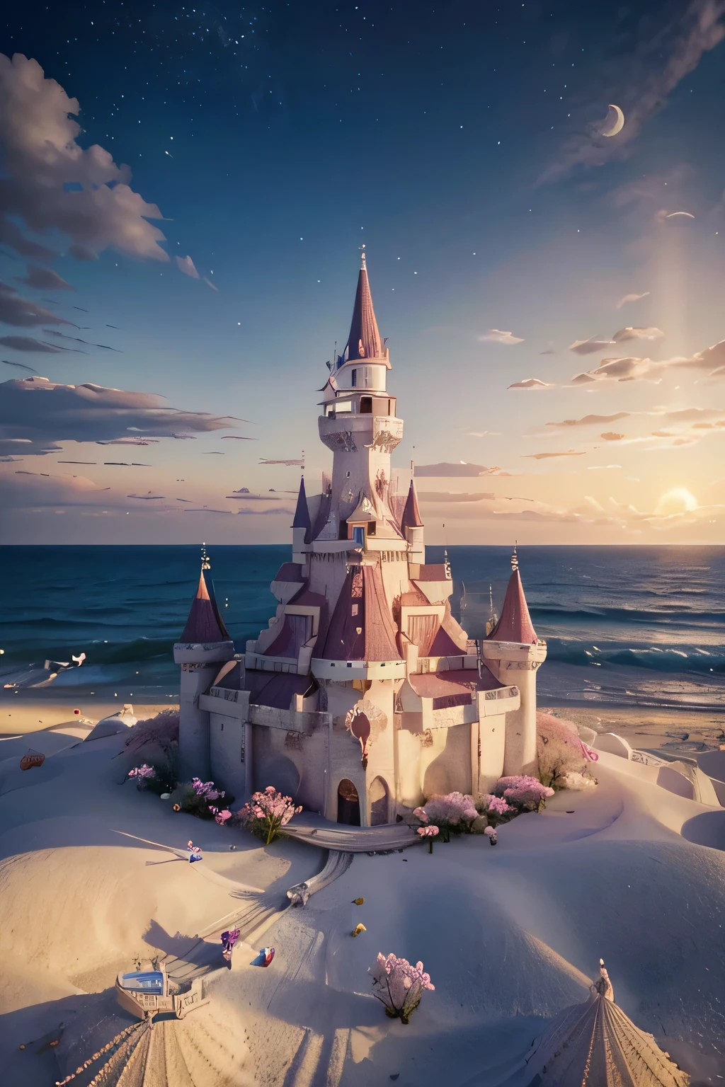 Castle, flowers, delicate scene, sky, white clouds, and sunlight shine on the snow-white beach. birds, pink flowers and bright big shells, diamond crystal, on the beach, fantasy, night sky, moon, smoke, fire, photo, HD, 8K, UHD, super detail, high quality, 1080P