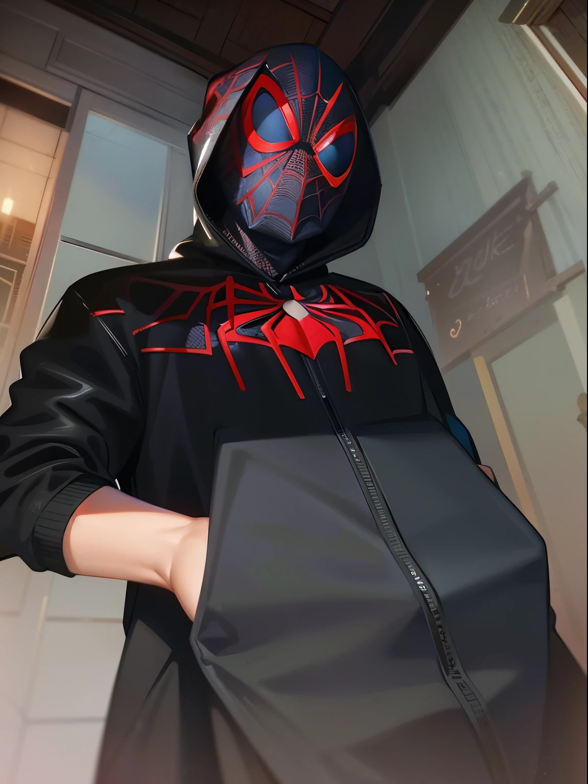 spider - man in a black hoodie with a red spider - man mask, miles morales!!!, miles morales, futuristic style spiderman, wearing sith hood, profile image, donald glover as miles morales, full samurai armor spiderman, spiderman!!, profile shot, spiderman, profile picture, full costume, jesse pinkman as spider-man, venom costume, full mask