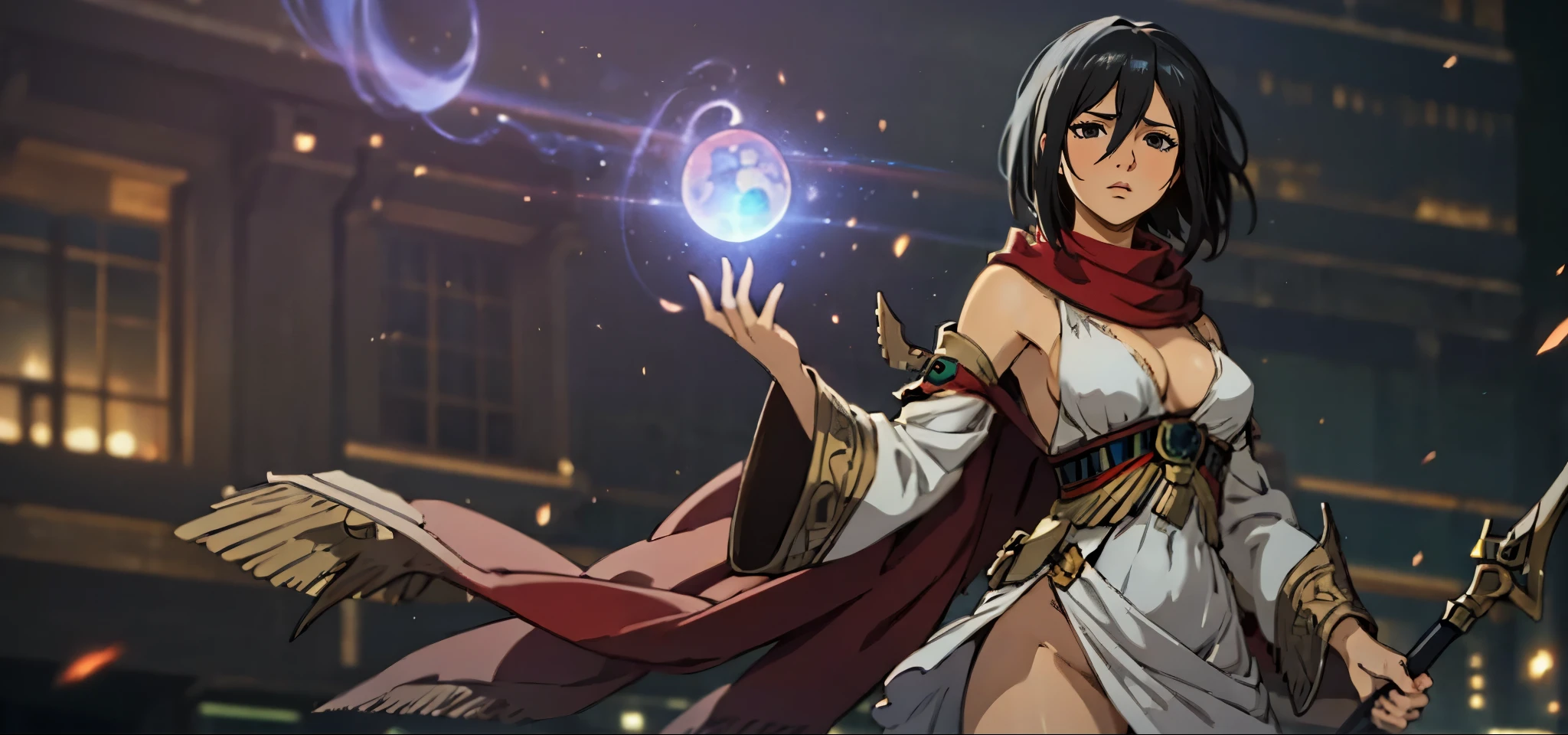 hmmikasa, black hair, short hair, black eyes, scarf, red scarf, anatomically correct, breasts, epic art, fantasy, 1girl, breasts, solo, vastaya, cleavage, large_breasts, staff, choker, glow effects, godrays, Hand drawn, render, 8k, octane render, cinema 4d, blender, dark, atmospheric 4k ultra detailed, cinematic, Sharp focus, big depth of field, Masterpiece, colors, 3d octane render, 4k, concept art, trending on artstation, hyperrealistic, Vivid colors, extremely detailed CG unity 8k wallpaper, trending on CGSociety, Intricate, High Detail, dramatic, white dress, egyptian clothes maebari, bottomless, crotch plate,
