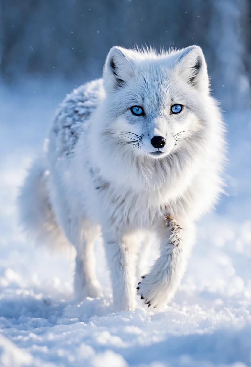 (best quality,ultra-detailed),arctic fox,deep snow,chases,mouse,quick movements,fluffy tail,sharp teeth,intense gaze,white fur,icy blue eyes,freezing wind,subzero temperatures,snow-covered landscape,northern lights,glowing moonlight,harsh winter,icy breath,pristine wilderness,playful jumps,paw prints in the snow,stealthy predator,escape maneuvers,elusive prey,hunting instincts,blizzard conditions,endless white expanse,icy silence,majestic hunter,graceful leaps,ferocious determination,seamless camouflage,cold environment,heart-pounding pursuit,inhospitable terrain.