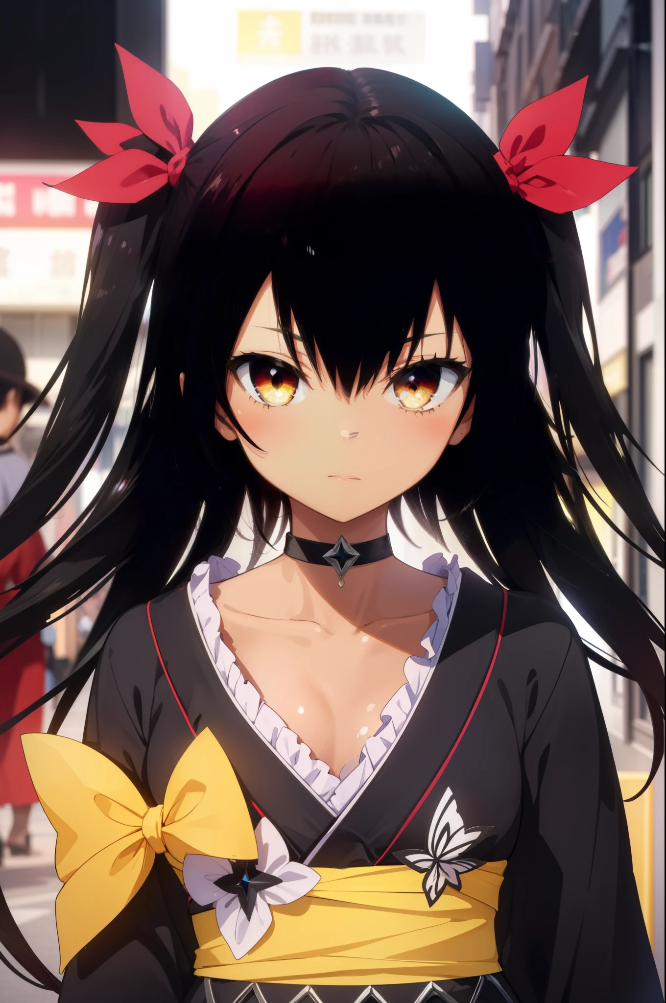 (masterpiece, highest quality:1.2),figure,8k,hd,1 girl,alone,superiorper body,portrait,length_hair,black_hair,ribbon,clavicle,hair_ribbon,yellow_eye,Japanese_Clothes,choker,dark_skin,red_ribbon,dark-skinned_woman,twin tails,very_length_hair,ribbon,two_~ side_superior,black_kimono,hair_bow,hair_ribbon,sash,sandals,