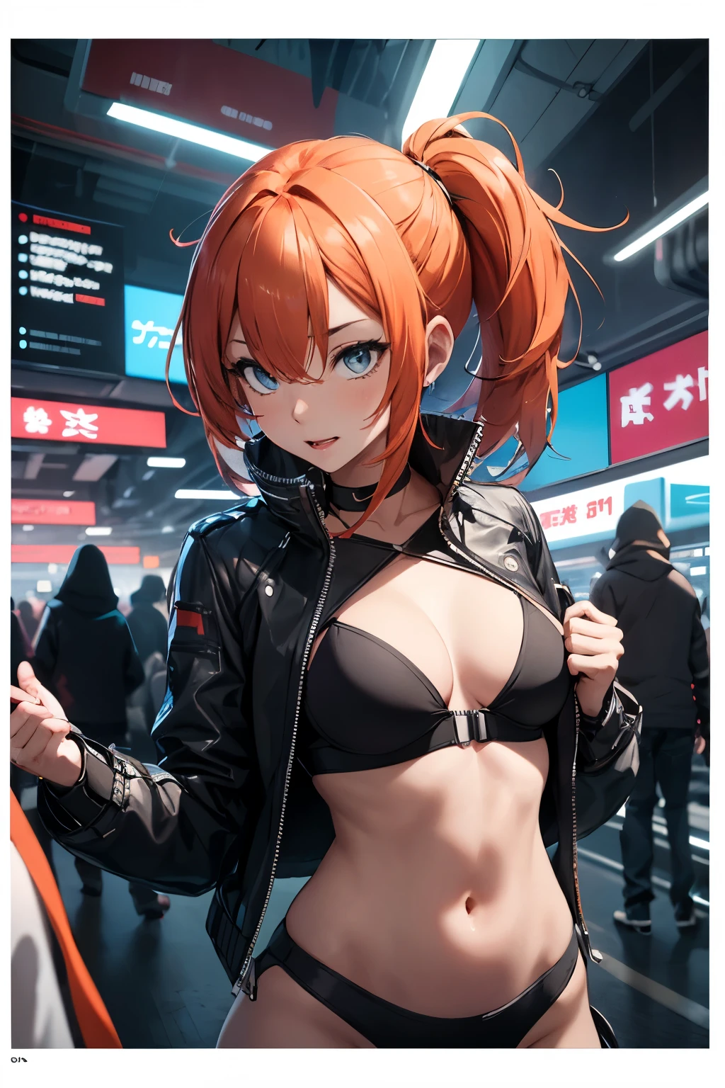 Draw a manga-style character with a physical appearance with this form of the hair Orange with black highlights, tied into two ponytails shaped like jaws, similar to Mawile from Pokémon, Eyes Pink, bright, and expressive and Build Slim and athletic, Attire Upper Body White leather jacket with cyberpunk details, such as integrated LED lights or futuristic lines, Lower Body Sporty bikini in orange, white, and black colors, blending with the cyberpunk style while allowing freedom of movement for physical activities, Personality Creative and curious Always seeking new experiences and forms of expression, Her creative mind drives her to constantly explore new ideas and concepts, dos chicas tentaculos lindo ,longitud media del cabello,Masturbation behavior, chorros, orinar, Pussy juice, Pussy, clitoris, public, They are standing, polera rota abierta, muchos fluidos, ahegao expretion
