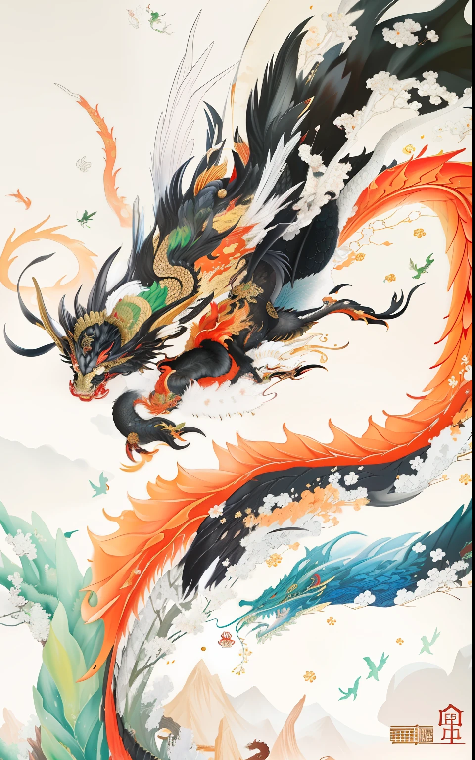 Red tail black tail dragon painting, dragon oil painting, dragon art, Inspired by algae, by Shen Quan, Chinese dragon, Chinese traditional art, author：Li Kan, Chinese style, author：Yang Jie, Inspired by Kameda Hirosai, majestic japanese dragon, inspired by Wu Changshuo, Japanese-style