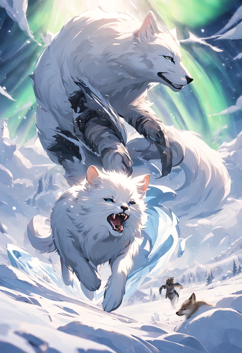 (best quality,ultra-detailed),arctic fox,deep snow,chases,mouse,quick movements,fluffy tail,sharp teeth,intense gaze,white fur,icy blue eyes,freezing wind,subzero temperatures,snow-covered landscape,northern lights,glowing moonlight,harsh winter,icy breath,pristine wilderness,playful jumps,paw prints in the snow,stealthy predator,escape maneuvers,elusive prey,hunting instincts,blizzard conditions,endless white expanse,icy silence,majestic hunter,graceful leaps,ferocious determination,seamless camouflage,cold environment,heart-pounding pursuit,inhospitable terrain.